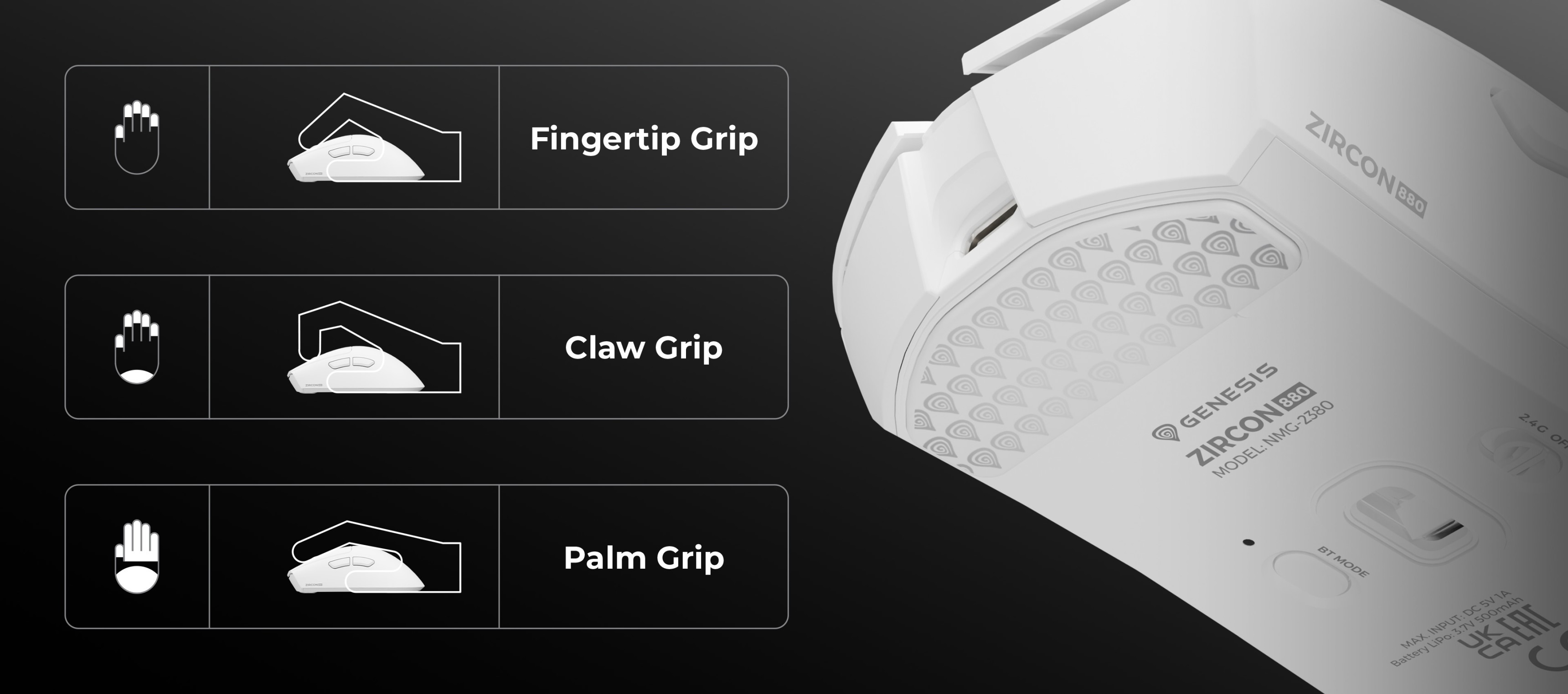 Gaming mouse features illustrations of different grip styles: fingertip, claw, and palm.