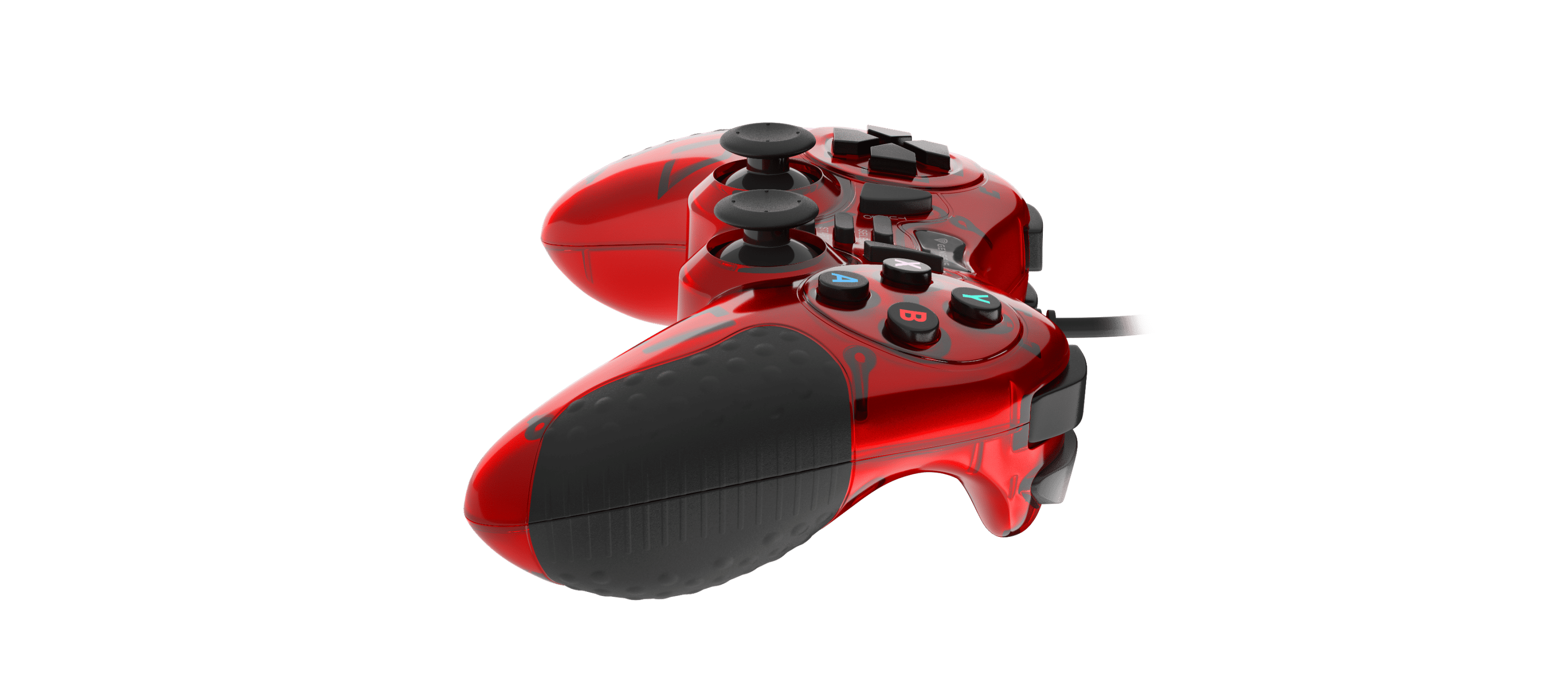Red gaming controller with two analog sticks and several action buttons.