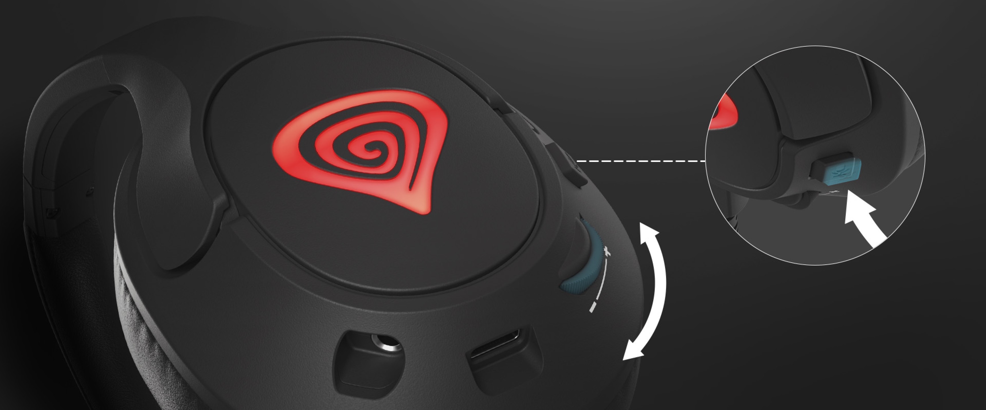 Black Genesis Radon 800 7.1 headphones with microphone and red illuminated logo, featuring adjustable controls