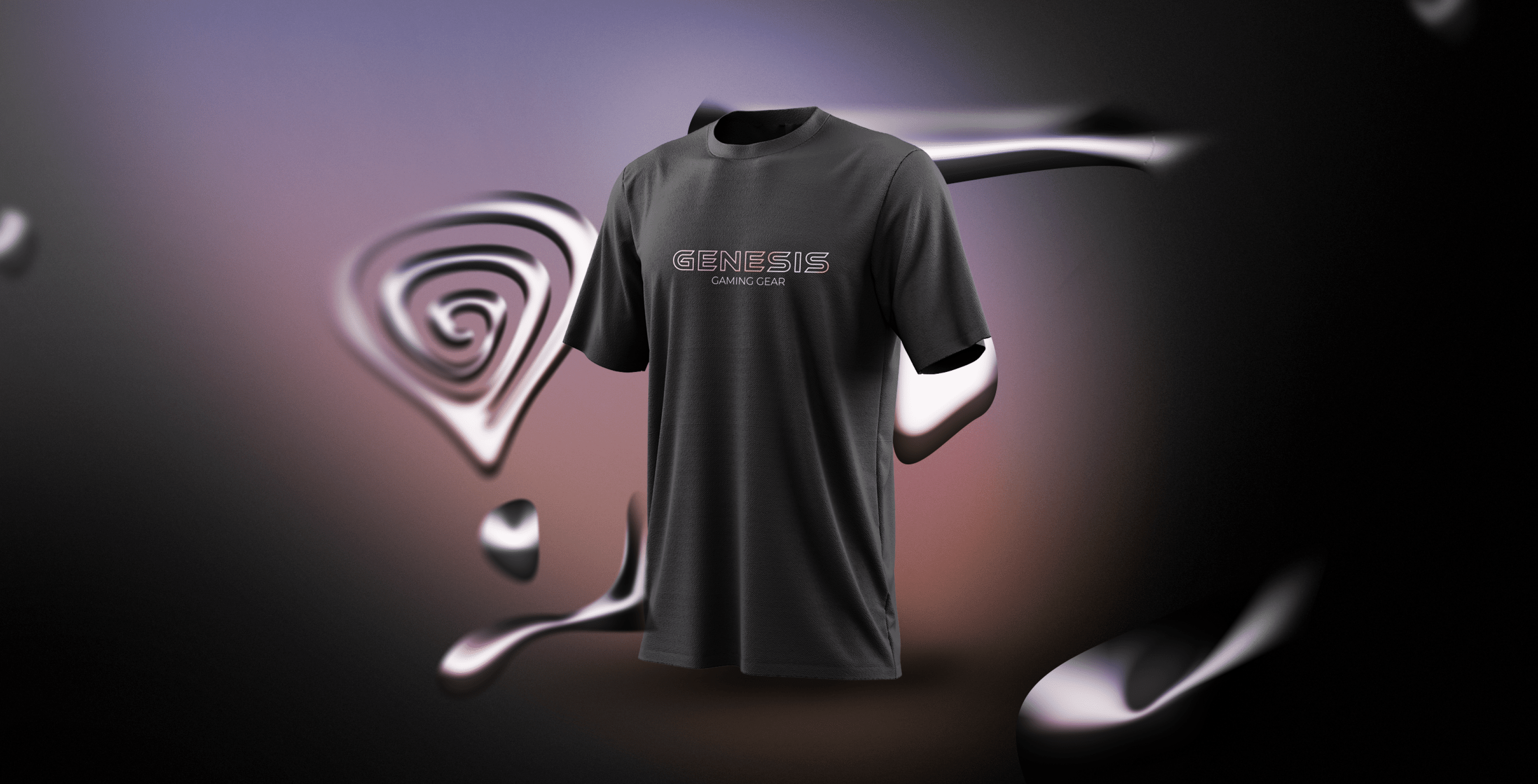 Black t-shirt with the "GENESIS" logo displayed in a reflective, holographic style against a gradient background