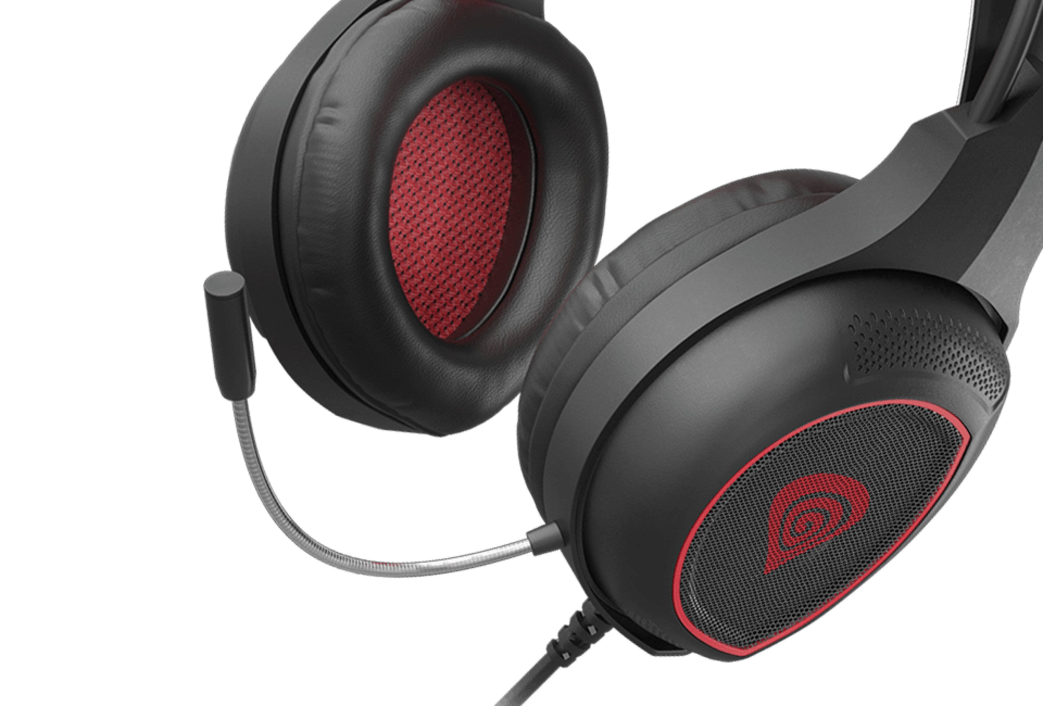 Headphones with a thick padded band and red accents on the ear cups and microphone.