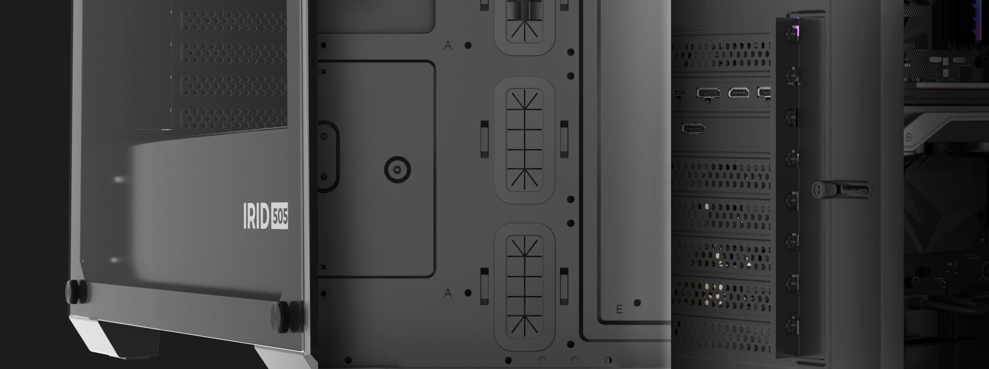 Black Genesis IRID 505F midi tower case with a transparent side panel, showing ports and cable management features