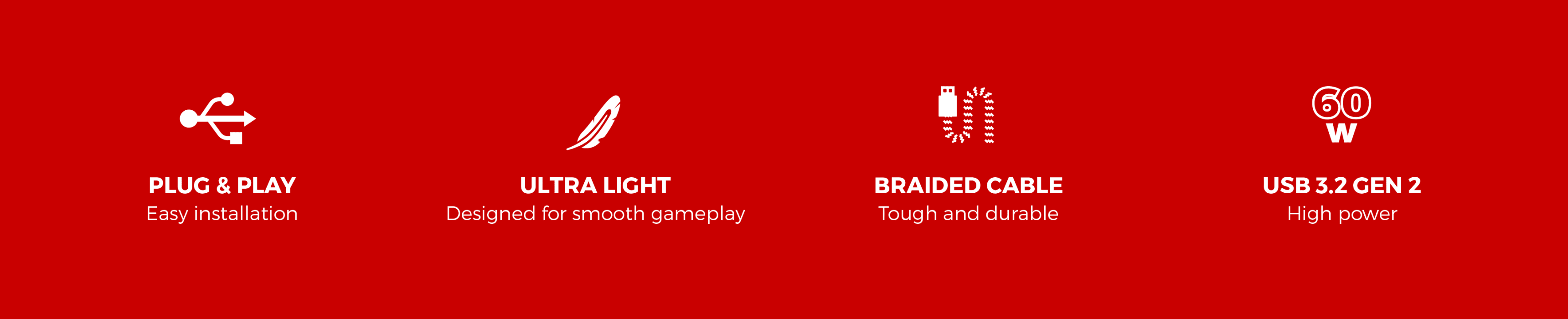 USB-C M/M cable, 3.2 Gen 2, 3m length, supports 10Gb/s data transfer and 60W power delivery; features include braided durability and ultra-light design