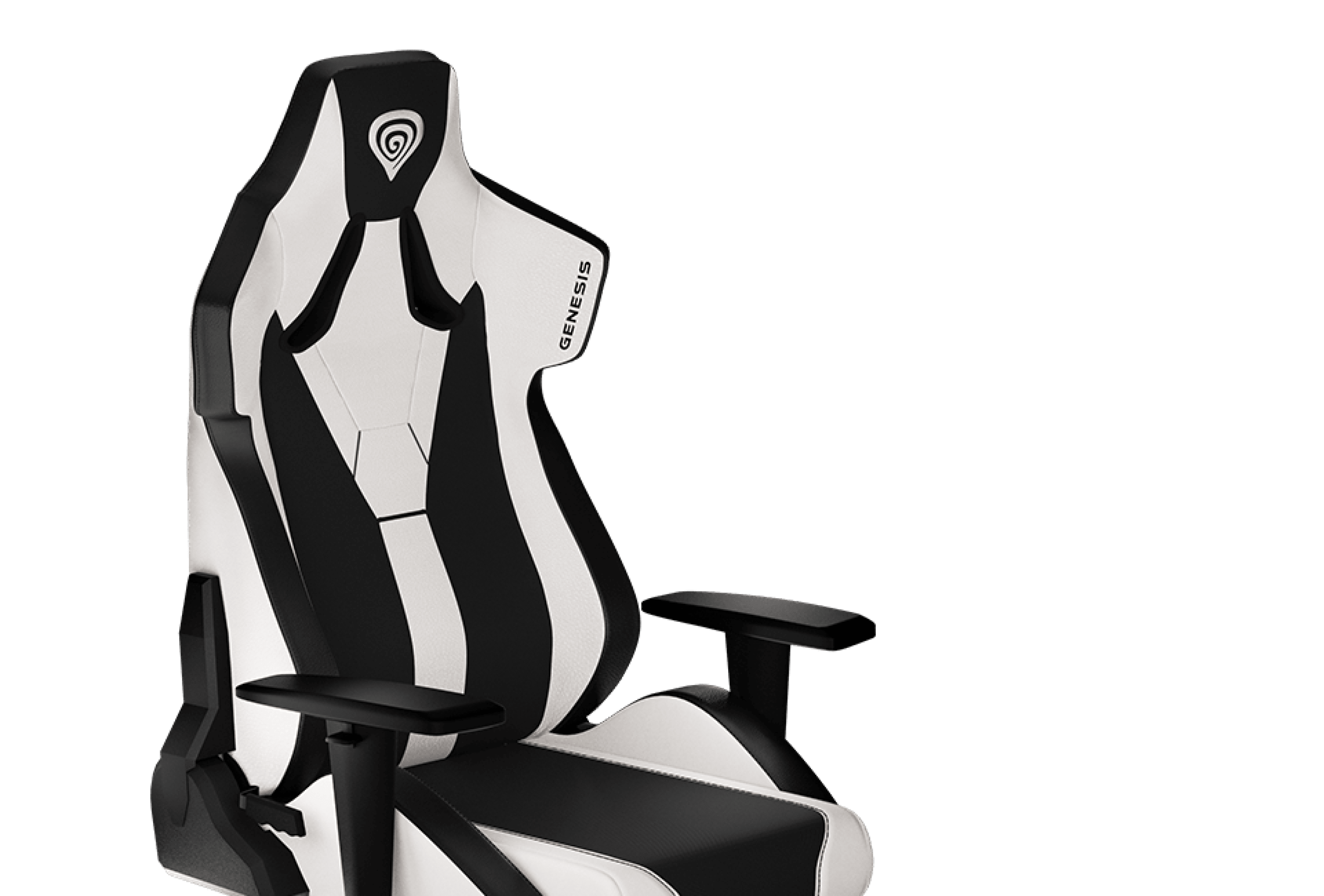 Ergonomic gaming chair in black and white design with adjustable armrests.