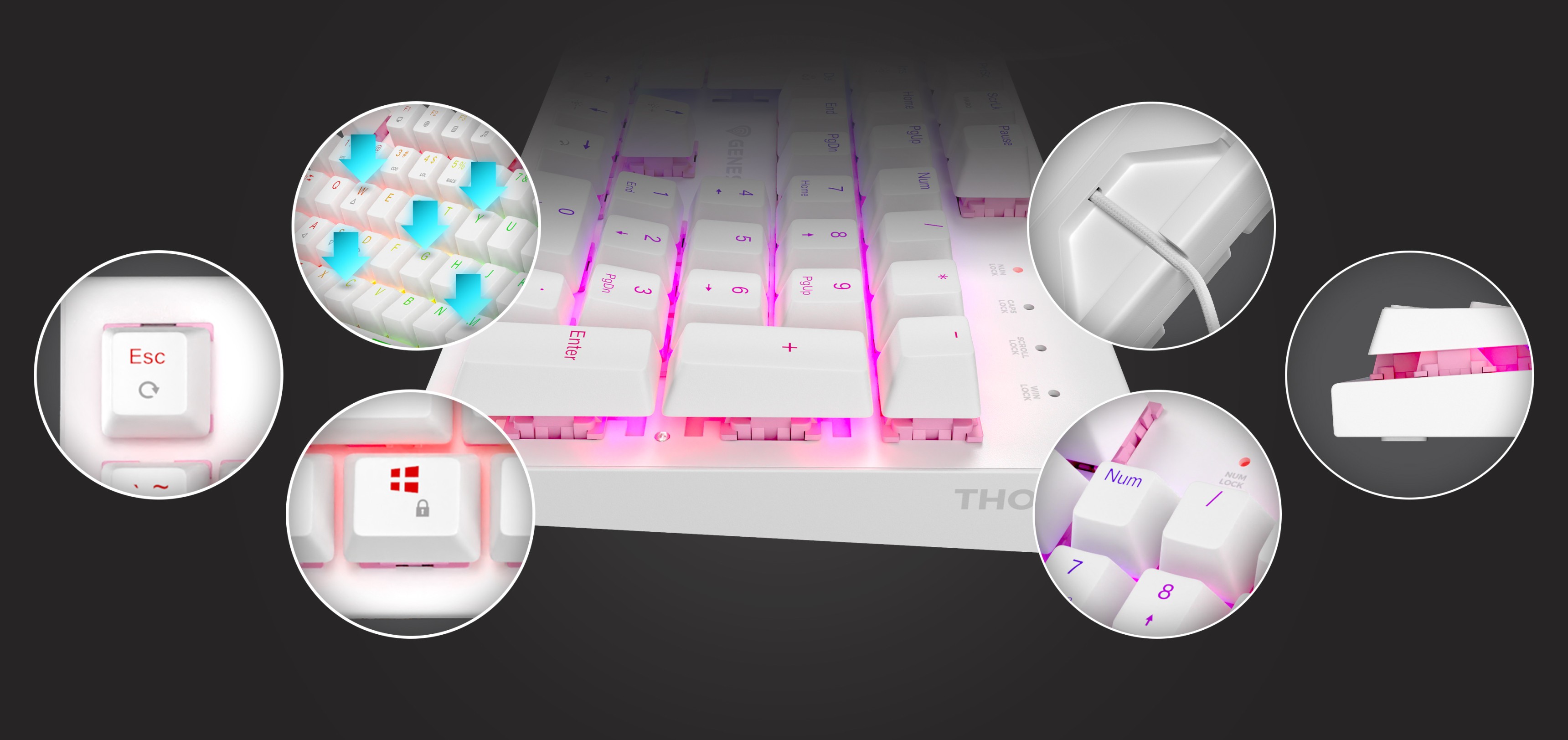 White mechanical gaming keyboard with RGB backlighting, showcasing various key features and hot-swappable brown switches