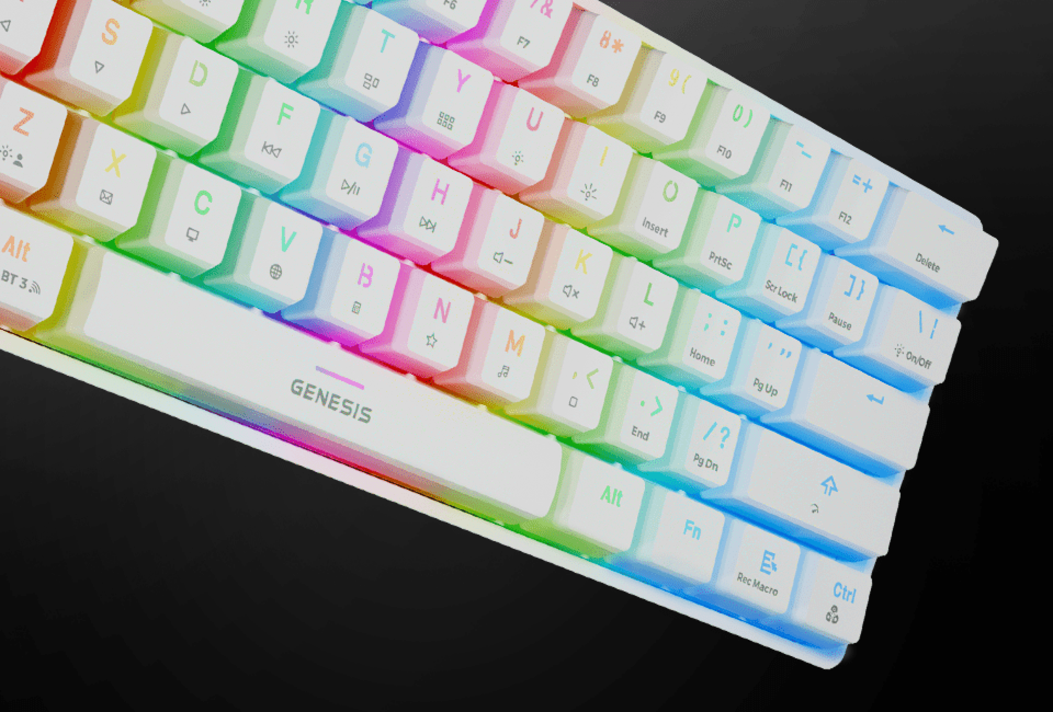 Keypad with illuminated keys in a colorful gradient on a dark background.
