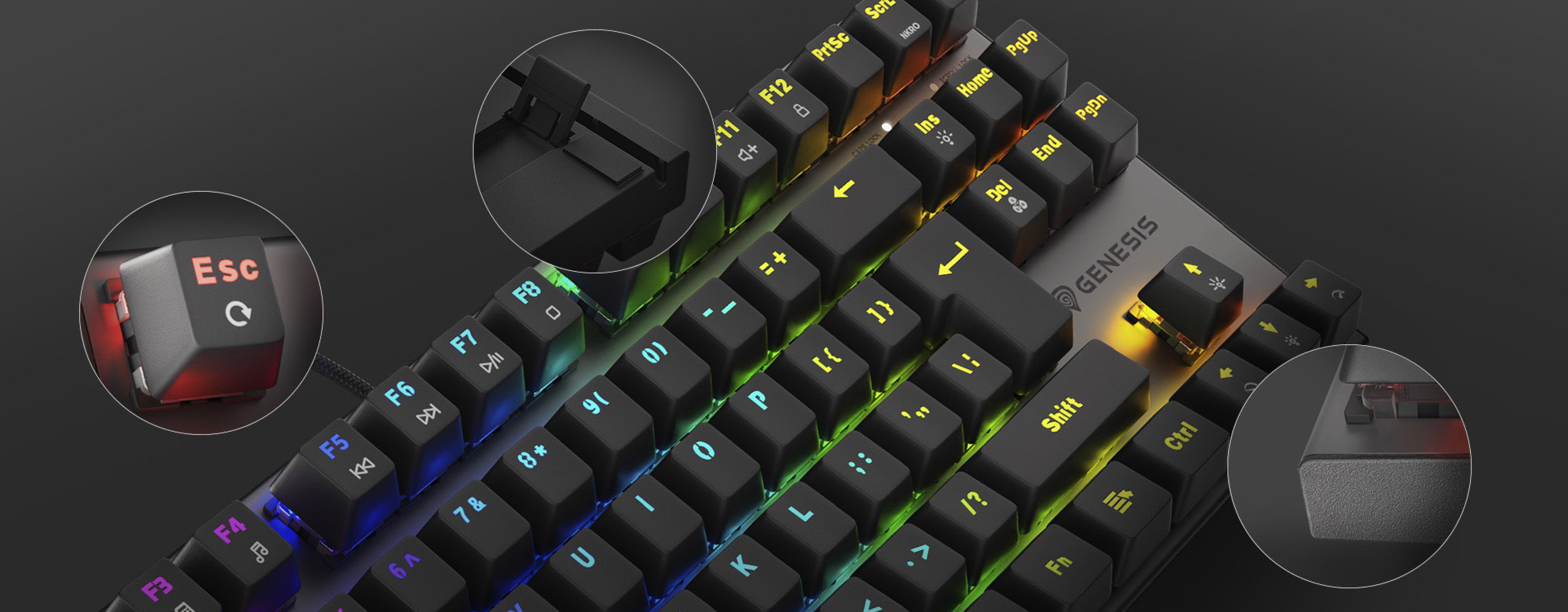 Compact gaming keyboard with RGB backlighting, showing key switches and highlighted Esc key. Features hot-swappable mechanical keys