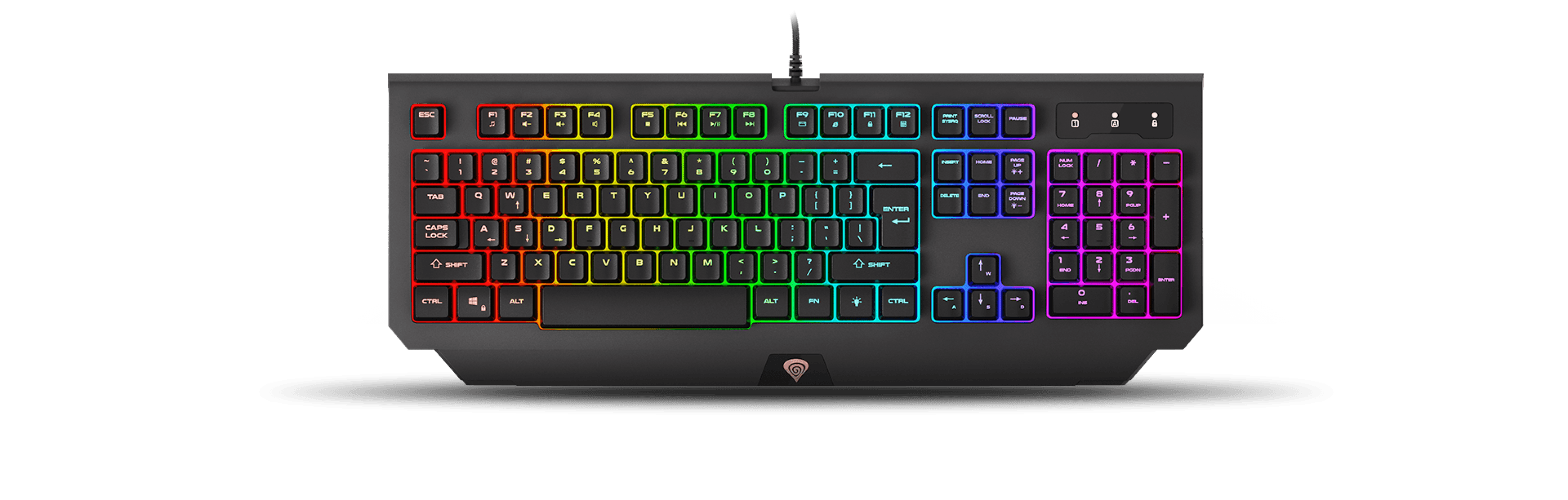 Computer keyboard with multicolored backlighting and a wired connection cable.