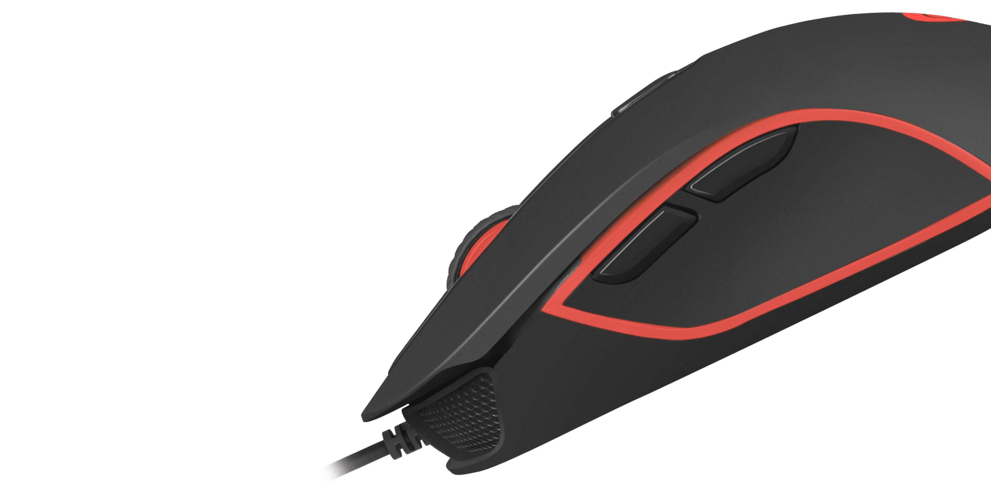 Mouse with a connection cable and a design featuring black and red colors.