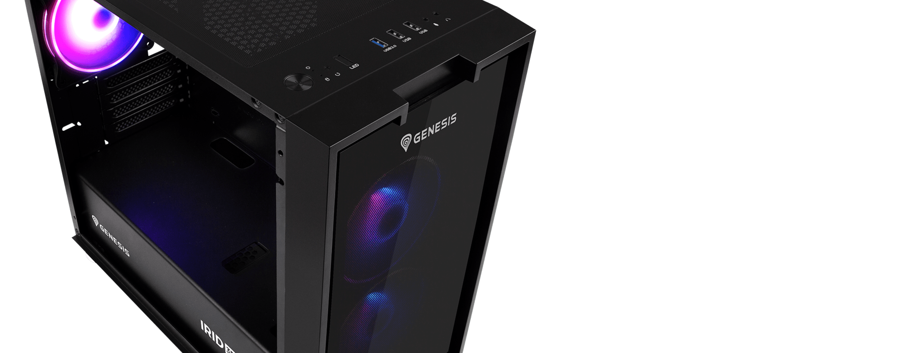 Computer case featuring transparent side panels and colorful cooling fans inside.