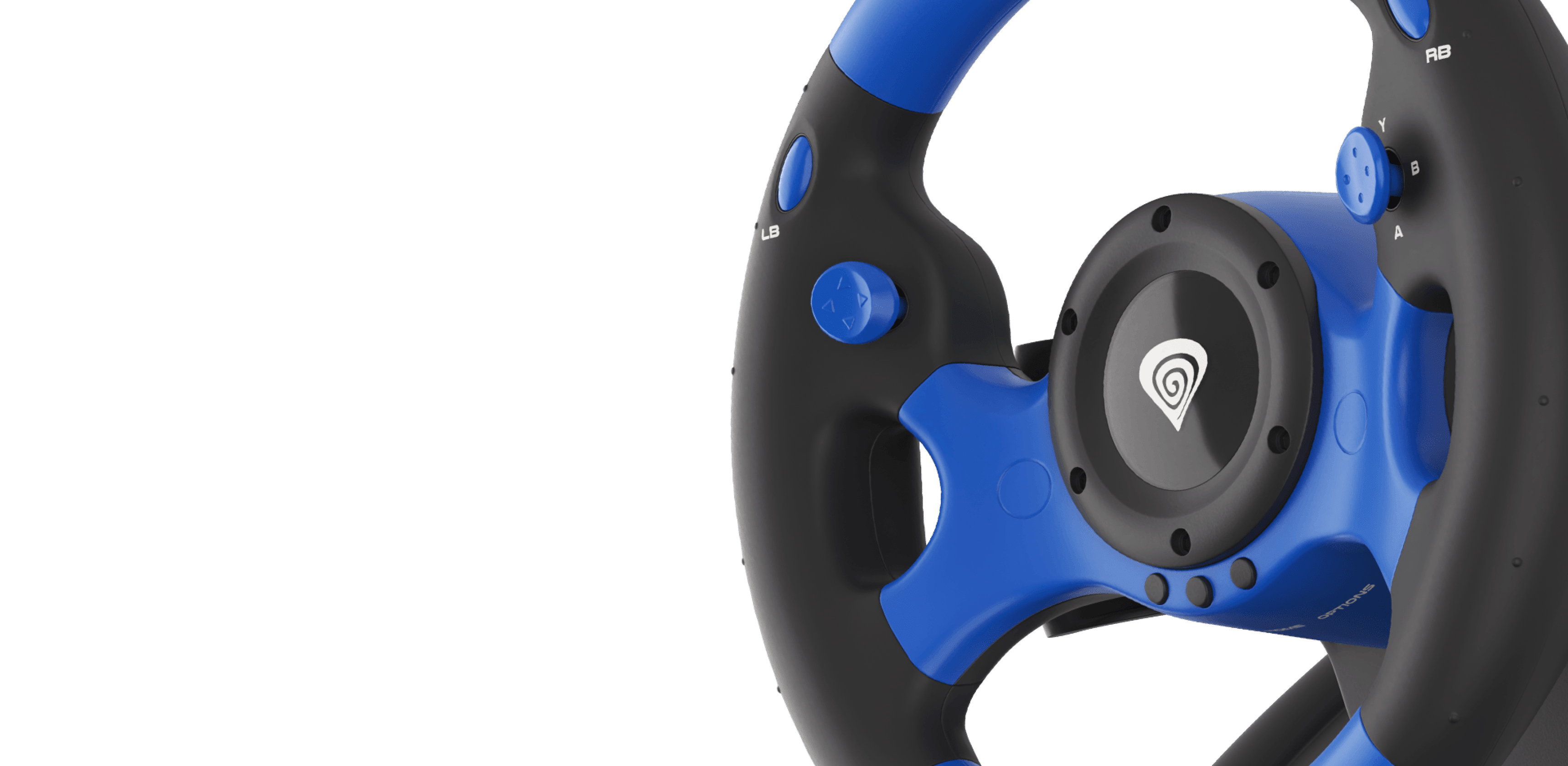 Multi-platform gaming steering wheel in blue and black, featuring buttons and grips for enhanced gameplay experience