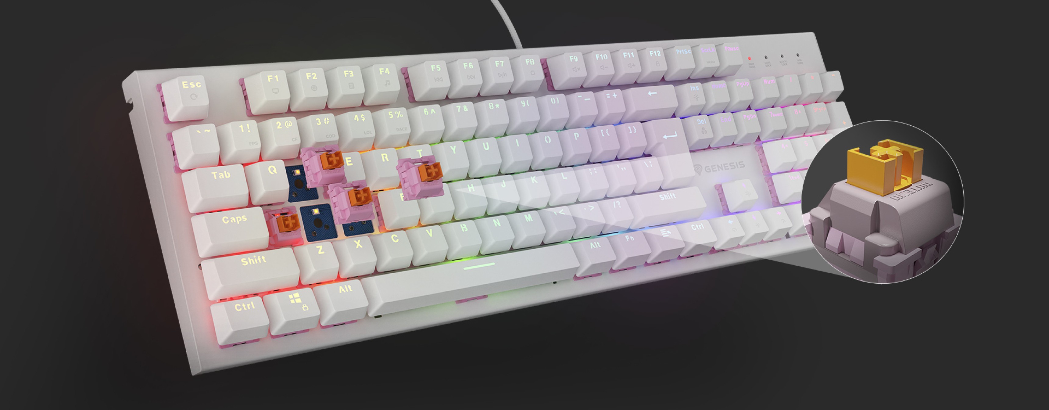 White RGB mechanical gaming keyboard with silent switches, featuring hot-swappable keys and customizable lighting