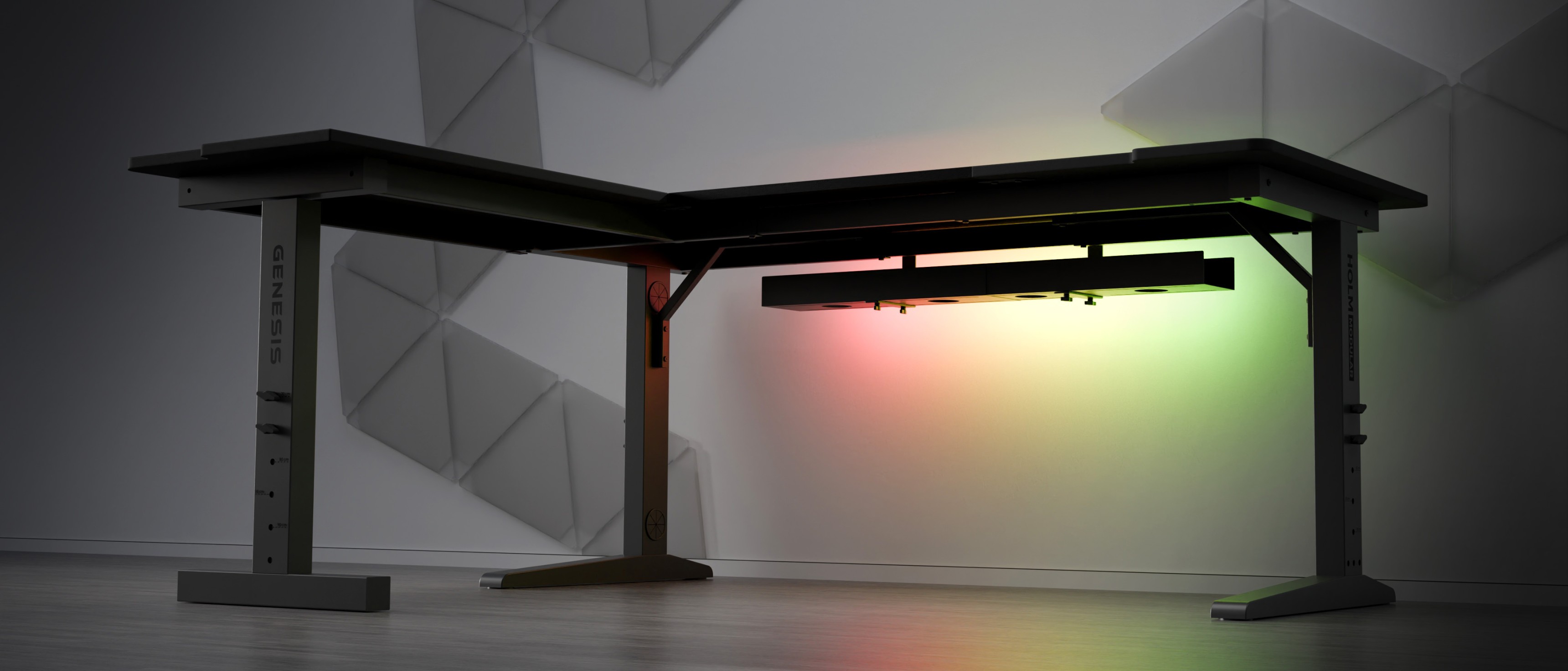 Corner gaming desk set Genesis Holm Modular 160, featuring a sleek design with LED lighting underneath