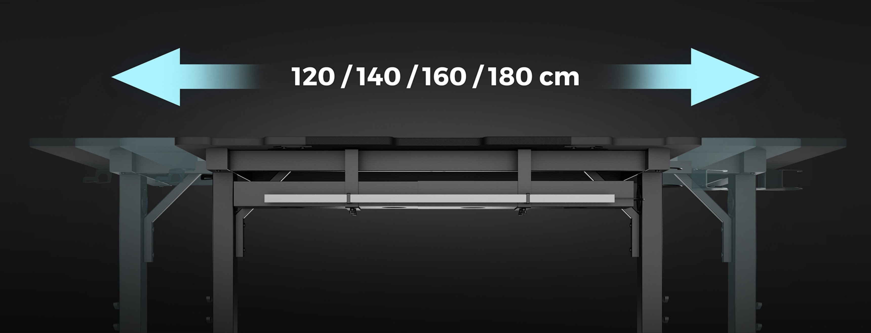 Modular gaming desk with adjustable sizes: 120/140/160/180 cm, featuring a sturdy design and modern aesthetics