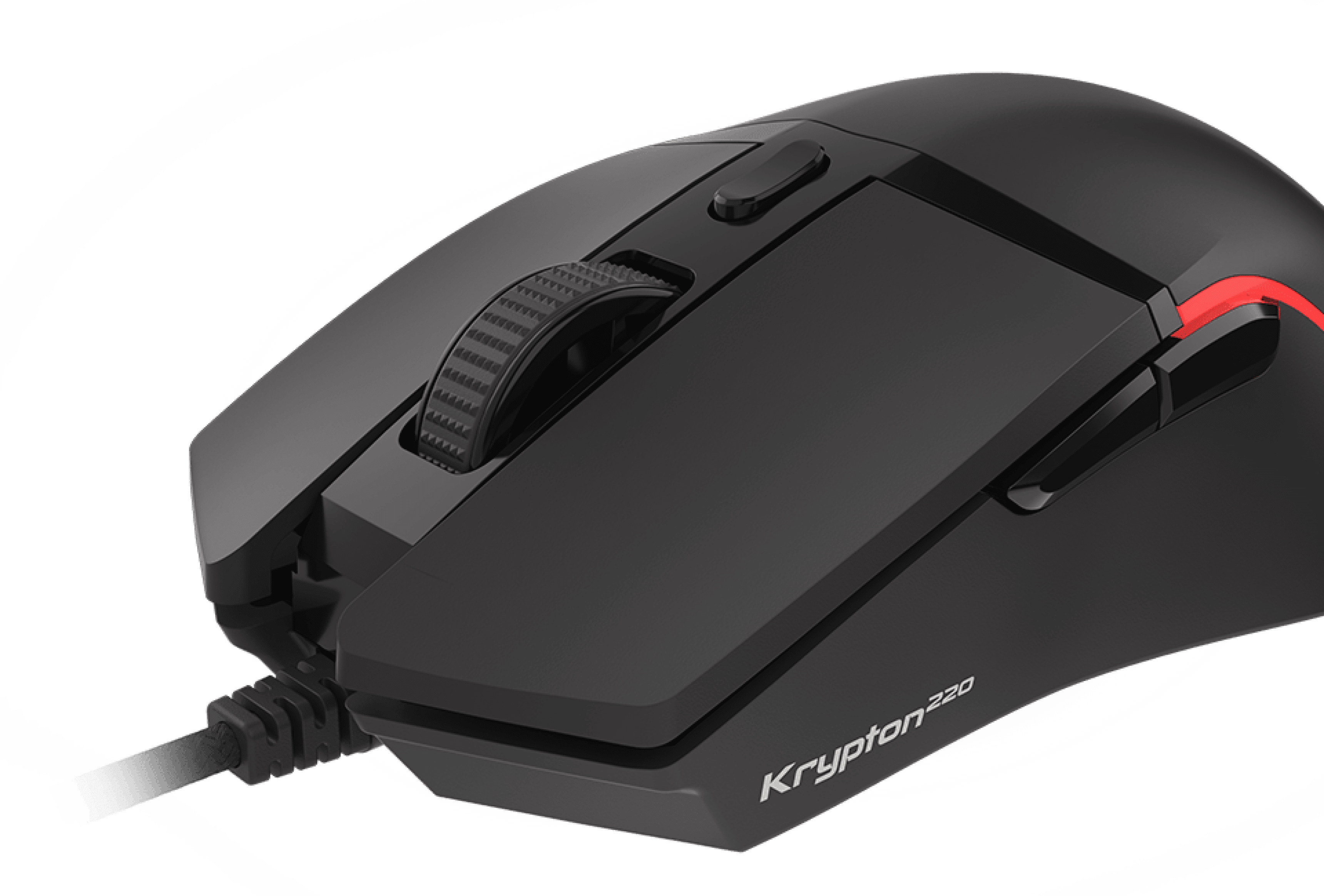 Black Genesis Krypton 220 gaming mouse with RGB lighting, programmable buttons, and a textured scroll wheel