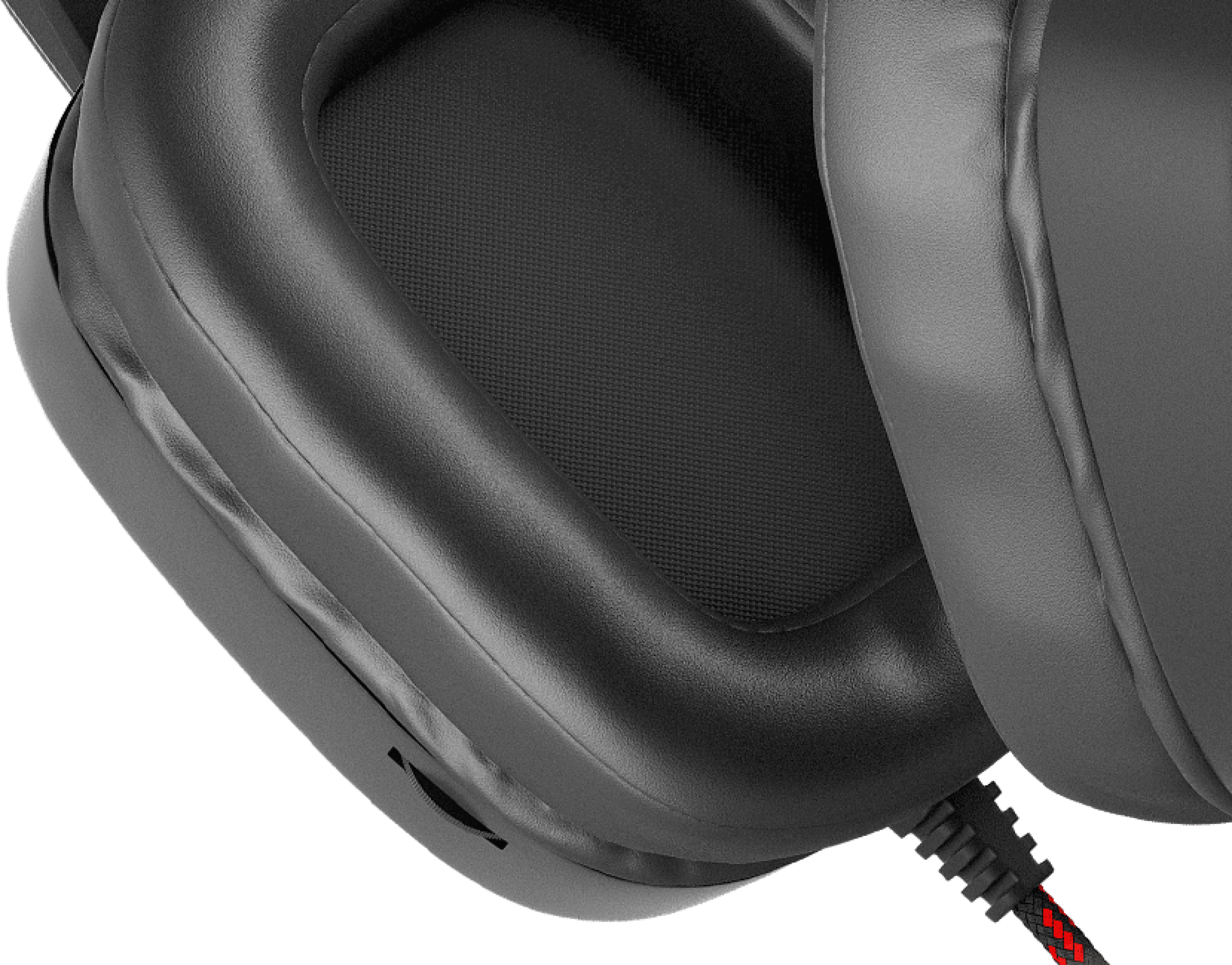 Close-up of the padded ear cup of Genesis Radon 720 headphones, featuring a black and red color scheme with a USB connector