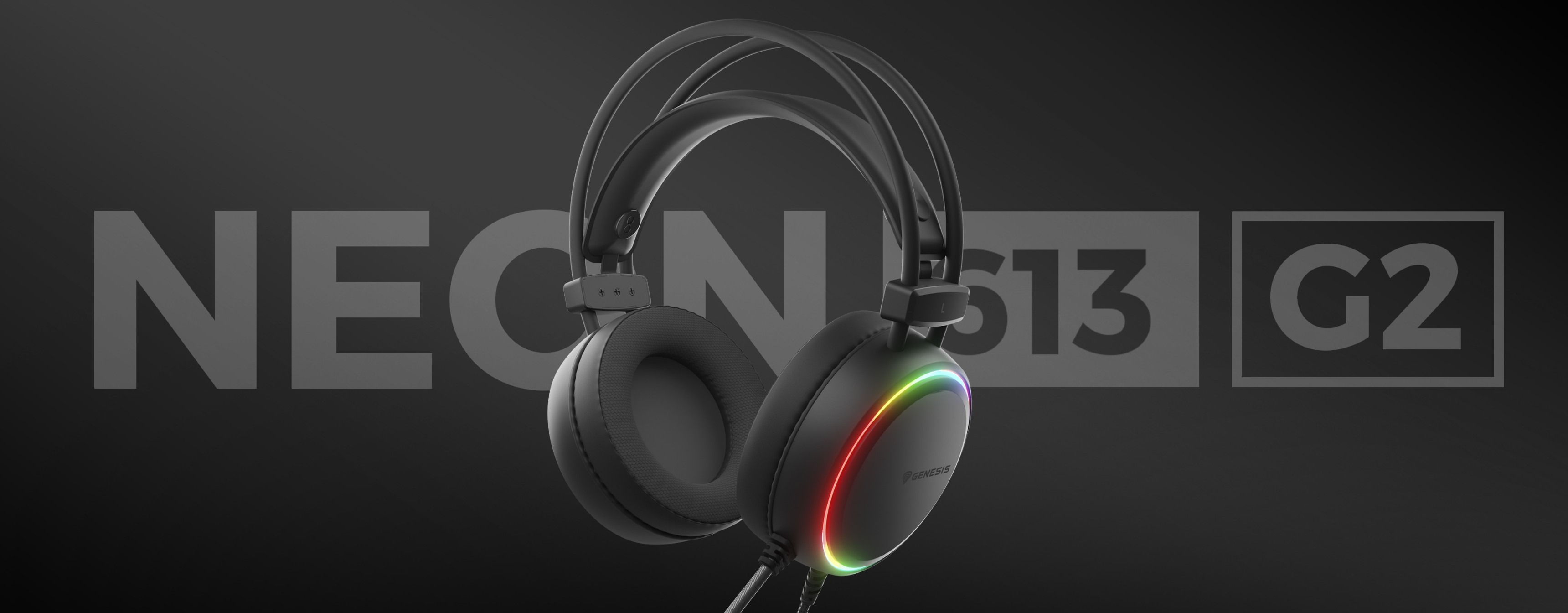 Black Genesis Neon 613 G2 RGB headphones with a microphone, featuring multicolor LED lighting