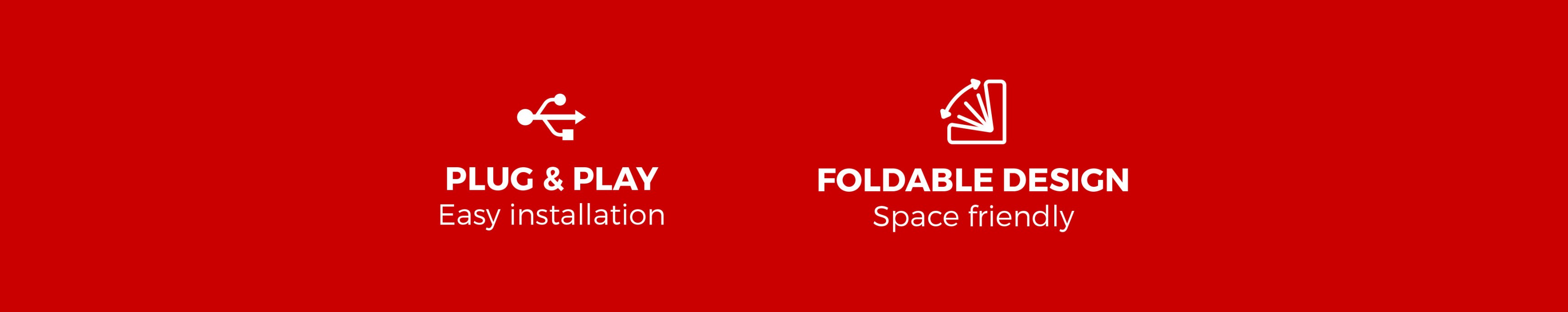 Icons highlighting features of the Genesis Tin 300 charger: "Plug & Play" for easy installation and "Foldable Design" for space efficiency