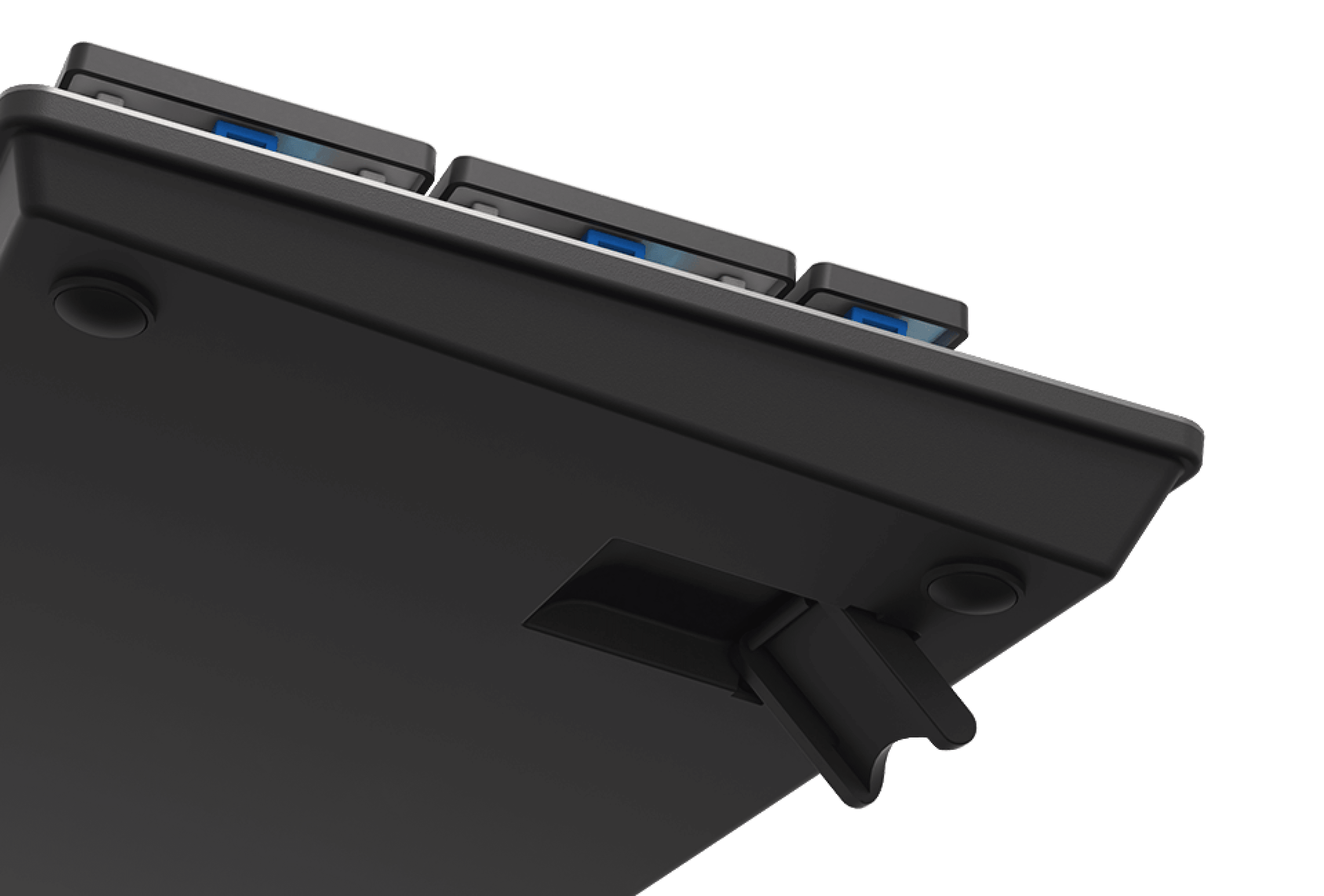 Close-up of the underside of the Genesis Thor 420 RGB gaming keyboard, showing blue switches and adjustable height feature
