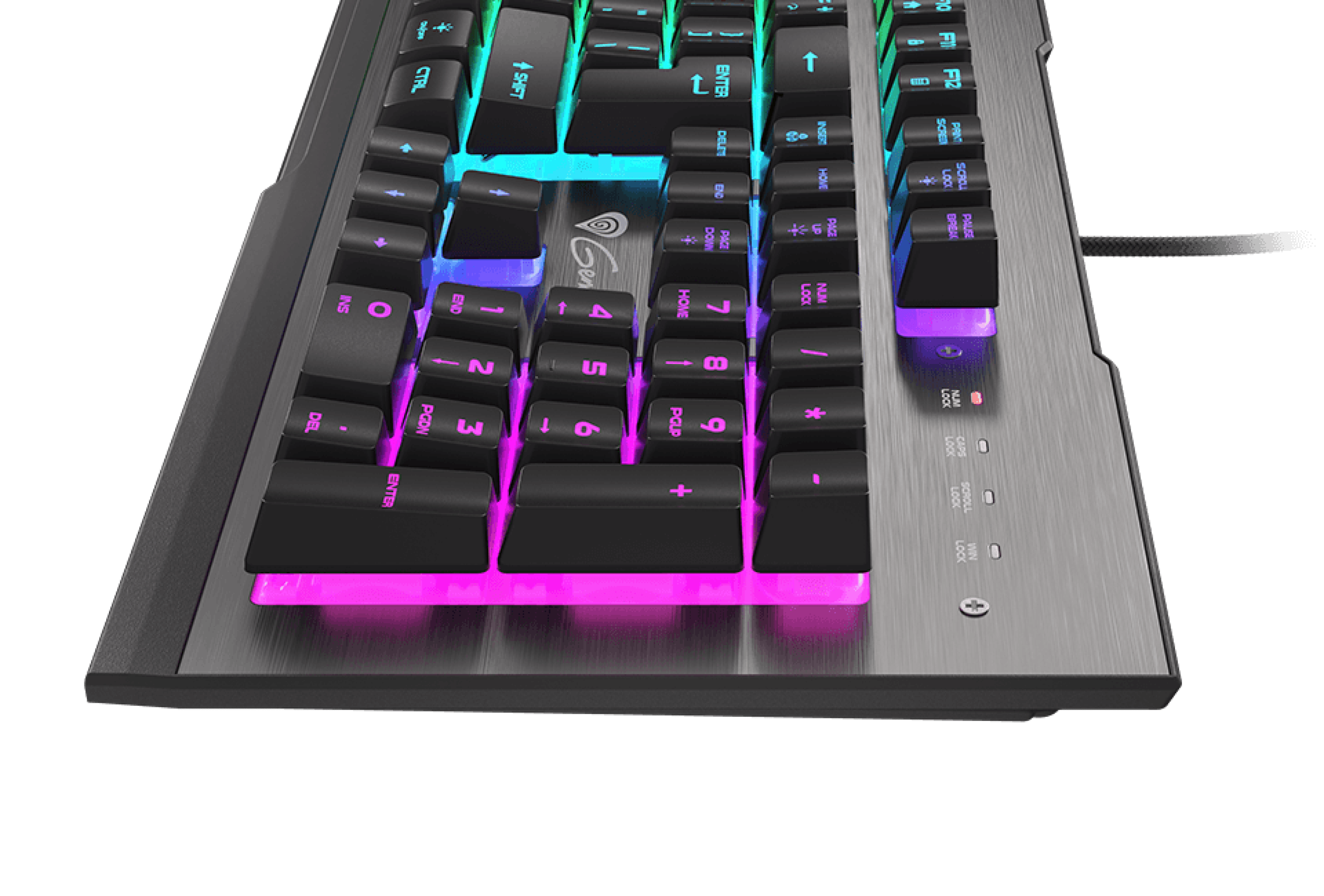 Gaming keyboard with colorful backlighting and a sleek metal finish.