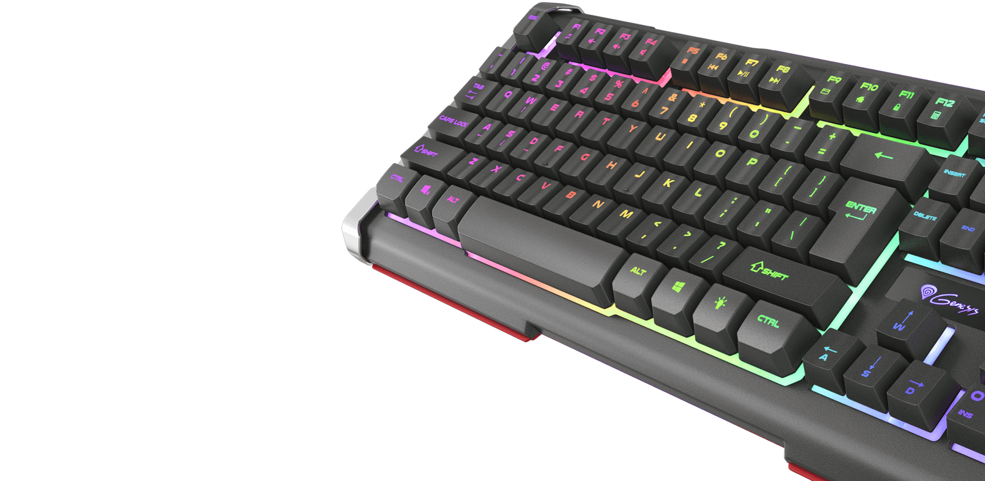 Keyboard with colorful lighting and various keys arranged in a compact layout.