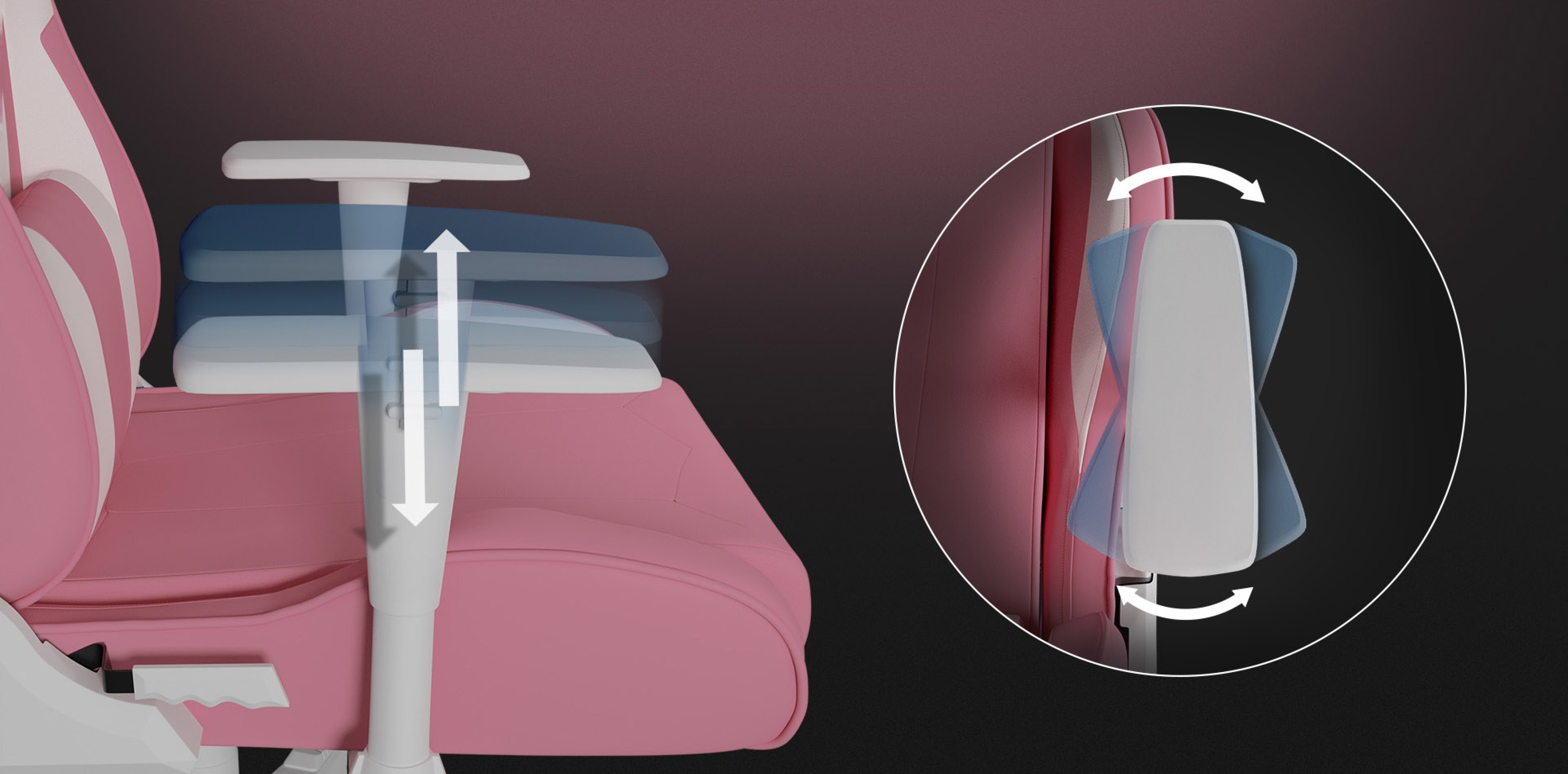 Gaming chair Genesis Nitro 710 in pink and white, featuring adjustable armrests with a close-up of their movement