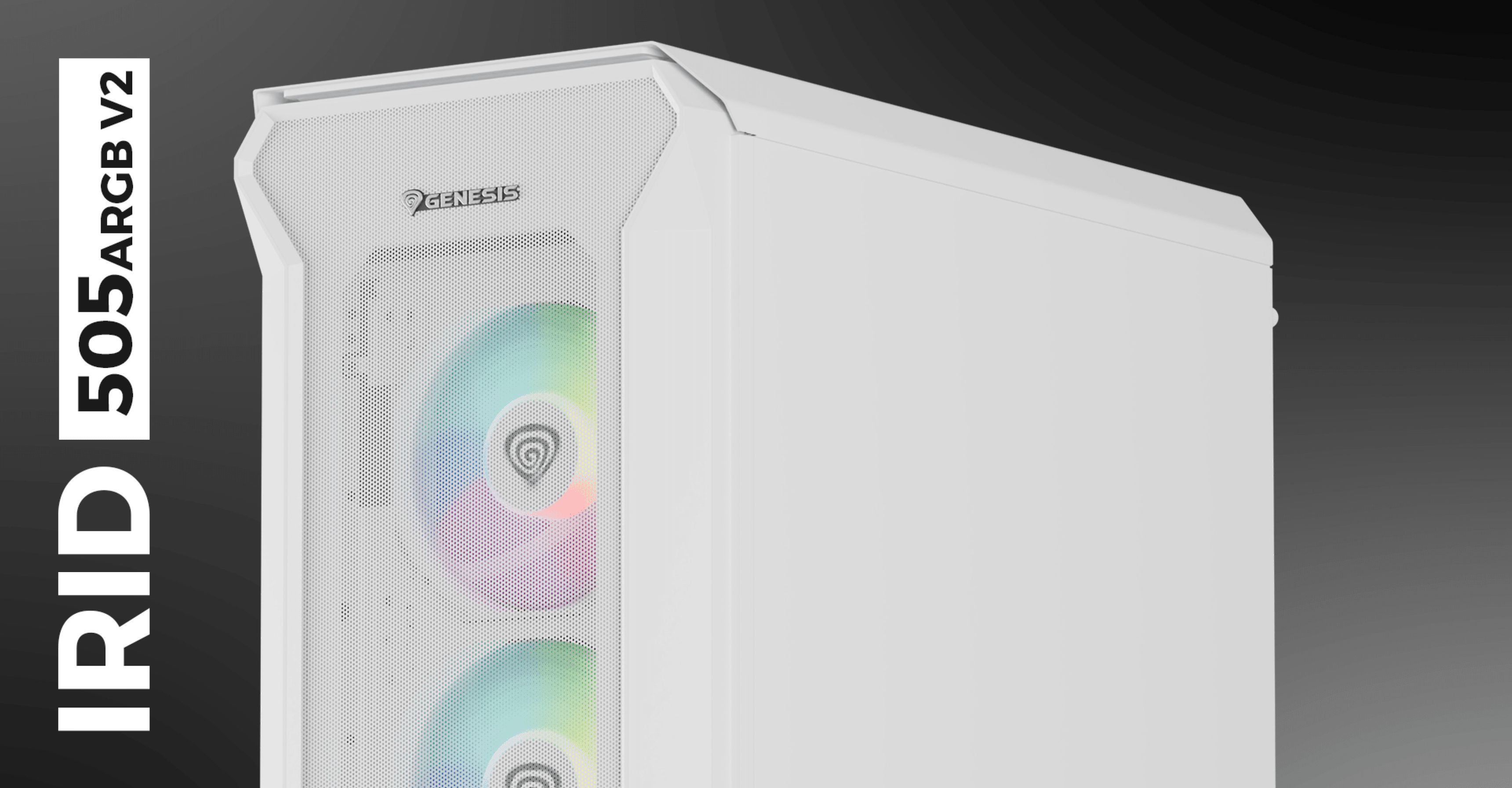 White Genesis Irid 505 ARGB V2 midi tower case with a transparent side window and vibrant ARGB fans