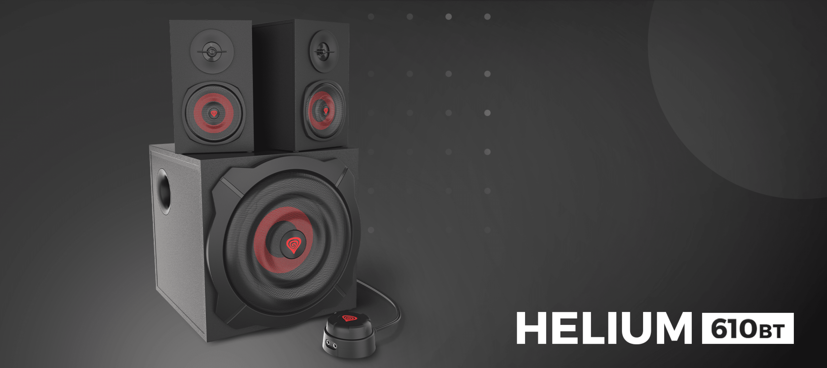 Black Genesis Helium 610BT speakers featuring a 2.1 system with a wired remote control, designed for 60W RMS output