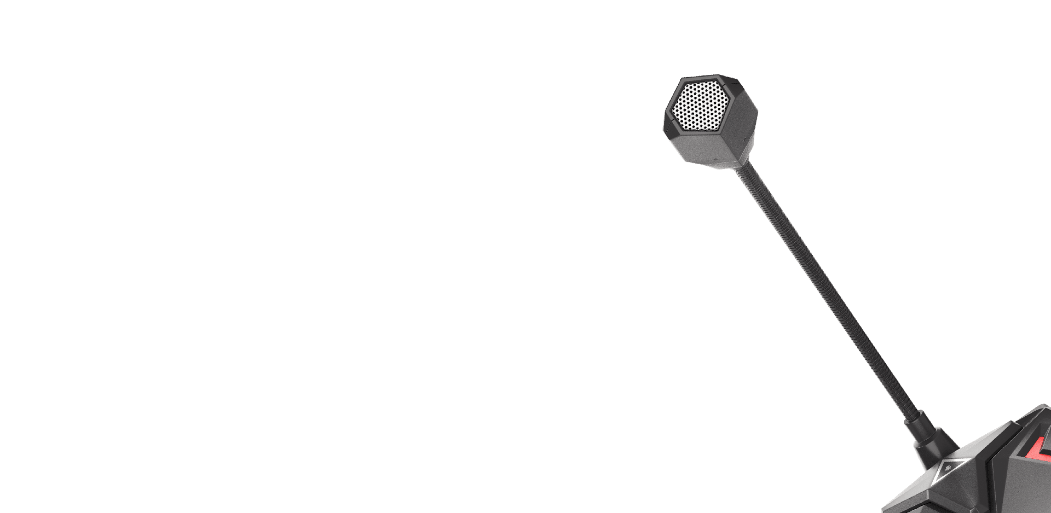 Black microphone with a hexagonal head and a flexible arm, positioned on a stand, designed for gaming or streaming use