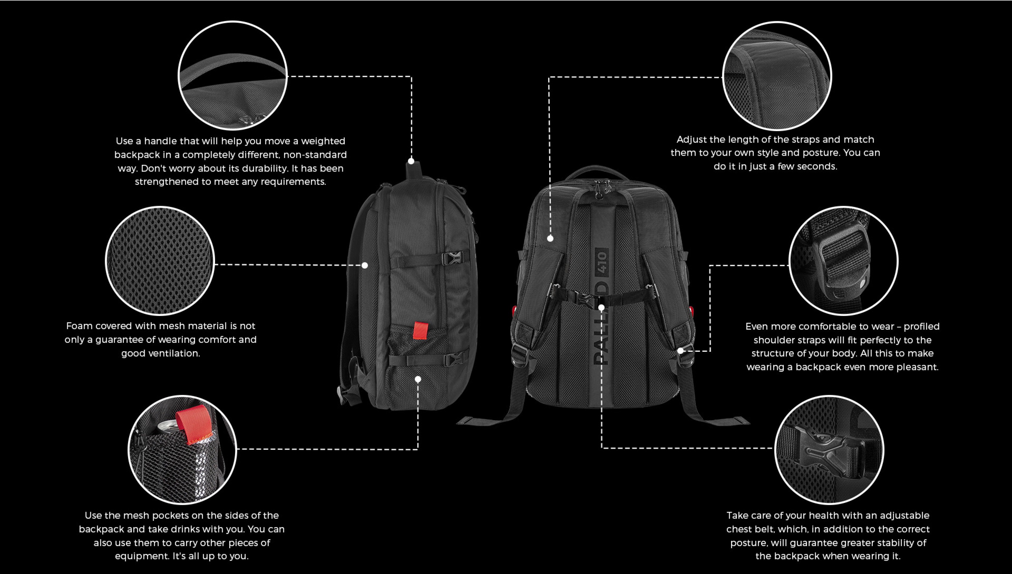 Black Genesis Pallad 410 laptop backpack, designed for 15.6" laptops, featuring adjustable straps and multiple pockets for organization