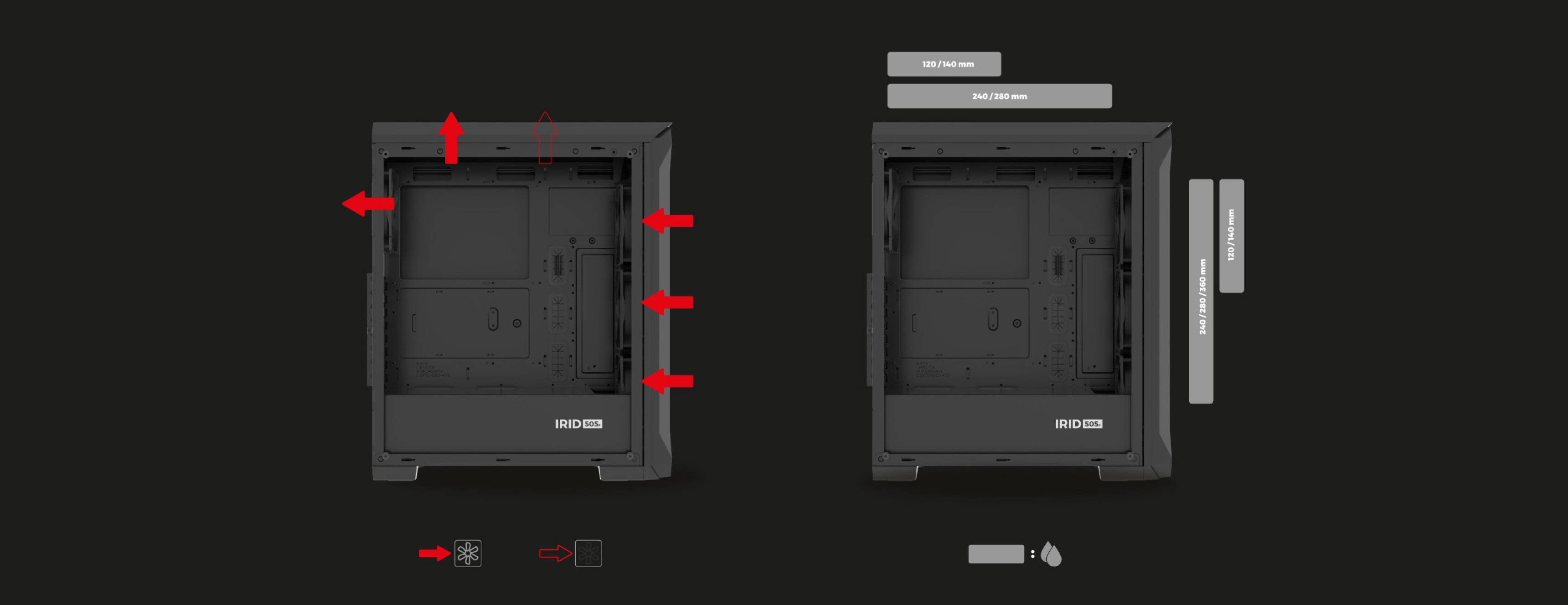 Black MIDI tower case Genesis Irid 505F with transparent window, displaying internal layout and component mounting points