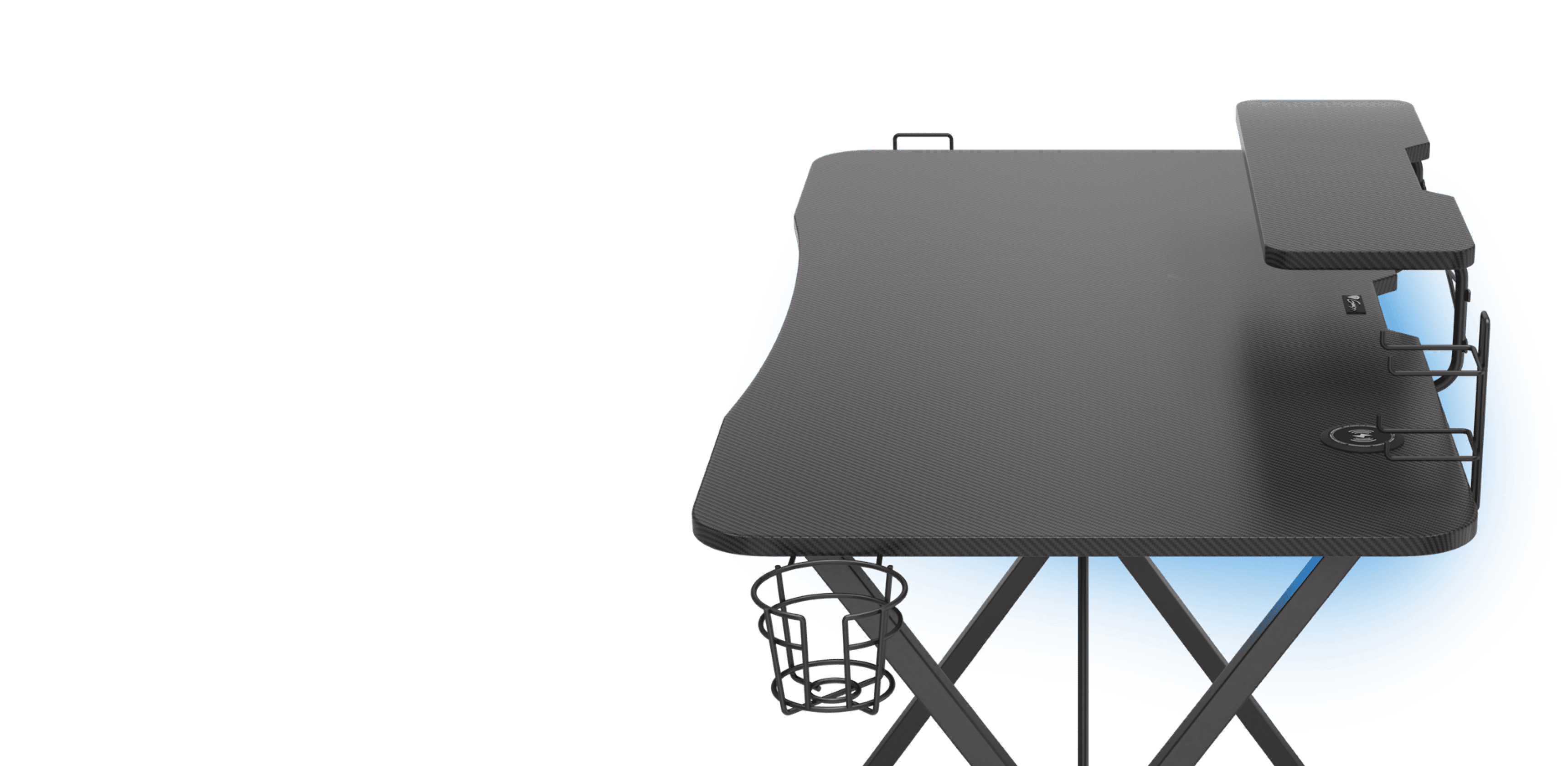 Black gaming desk with an ergonomic design, featuring RGB lighting and storage for accessories