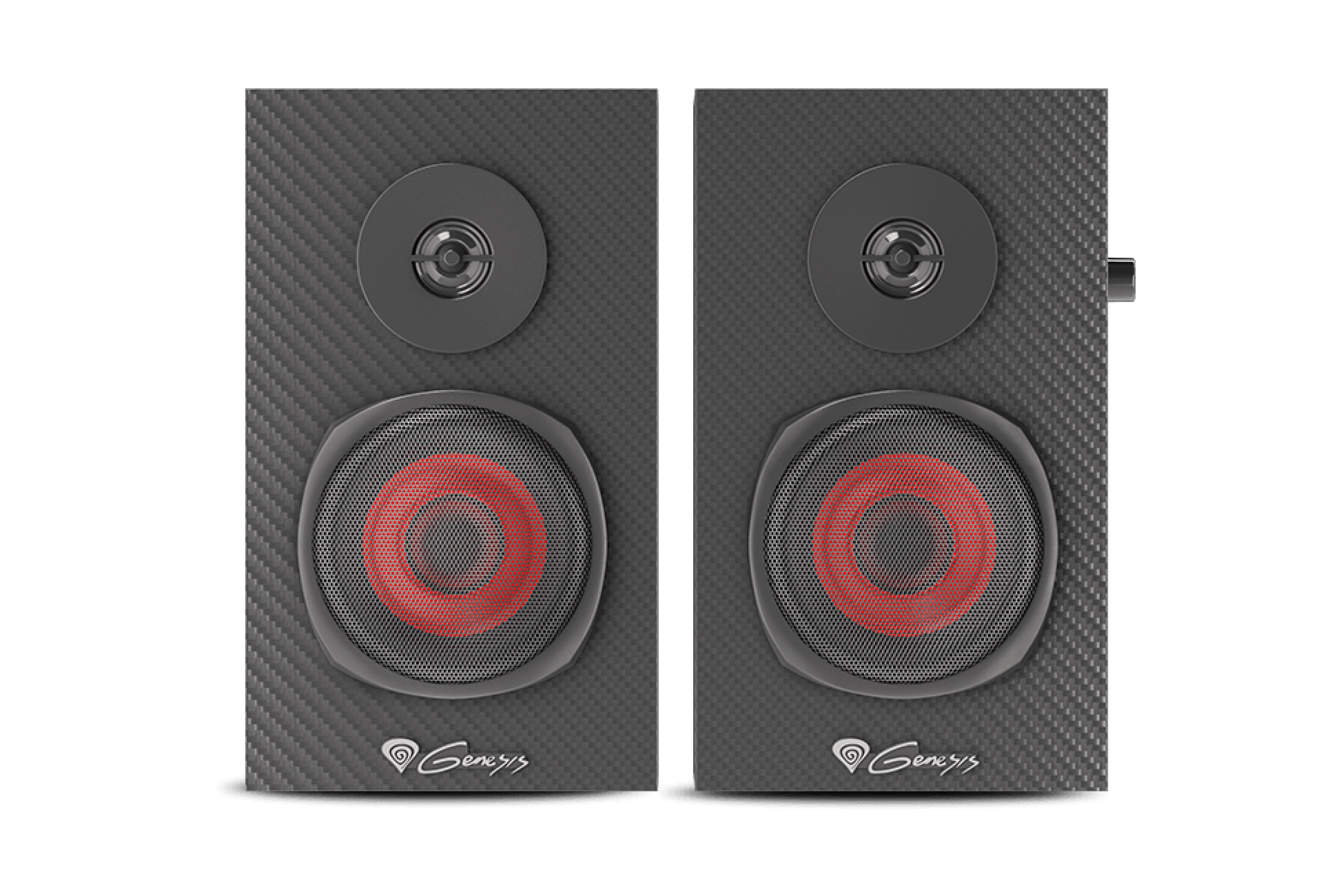 Dual black speakers from Genesis Helium 200, featuring a sleek design with red accents and textured surfaces