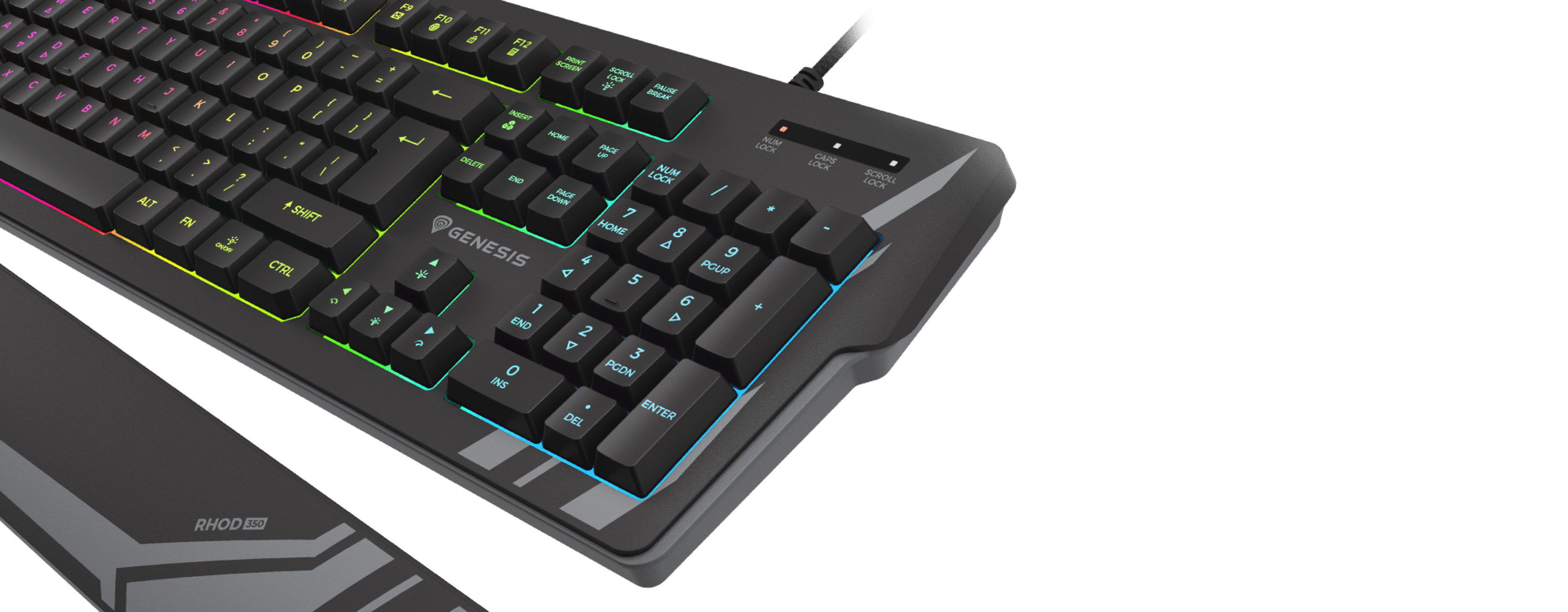Keyboard with colorful backlighting and a detachable wrist rest for comfort.