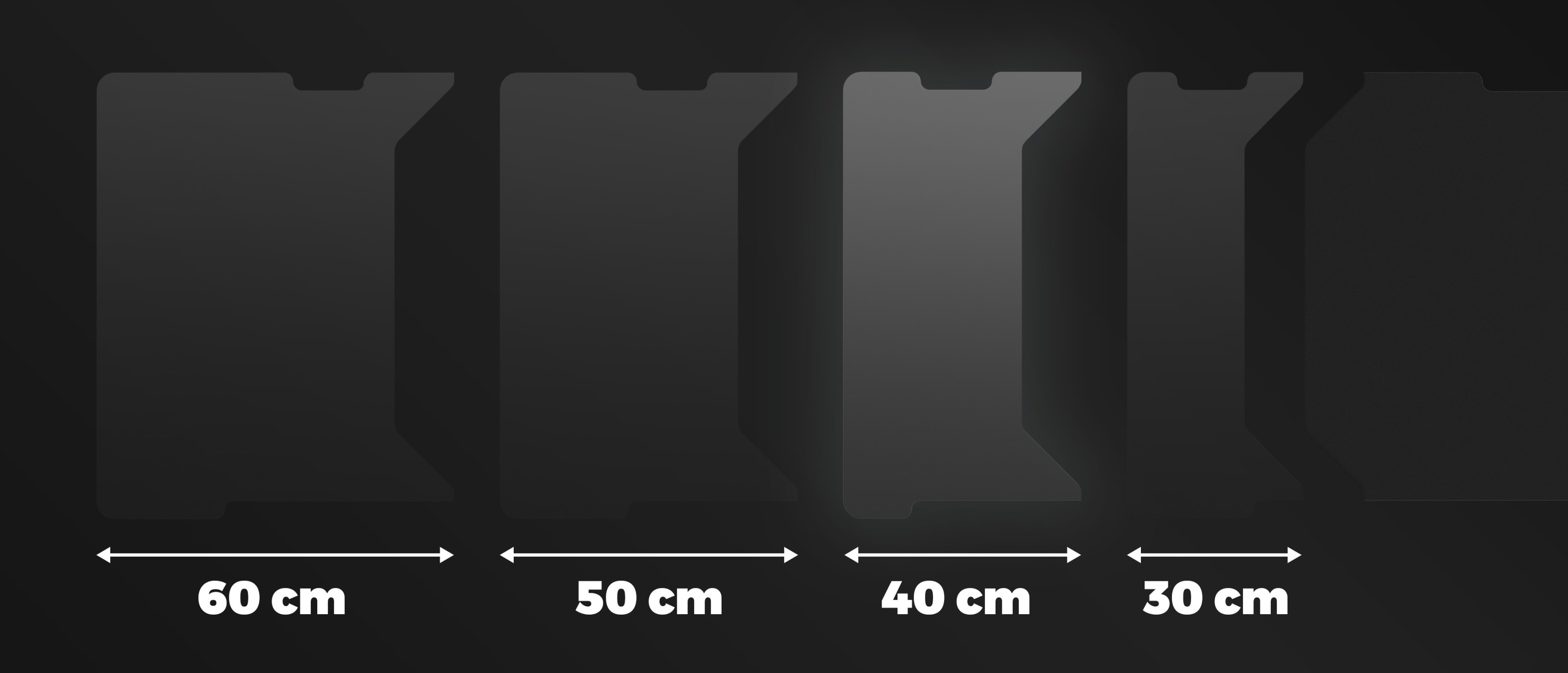 Side panel for Genesis Holm modular desk, measuring 40 cm, displayed alongside other size options (30 cm, 50 cm, 60 cm)