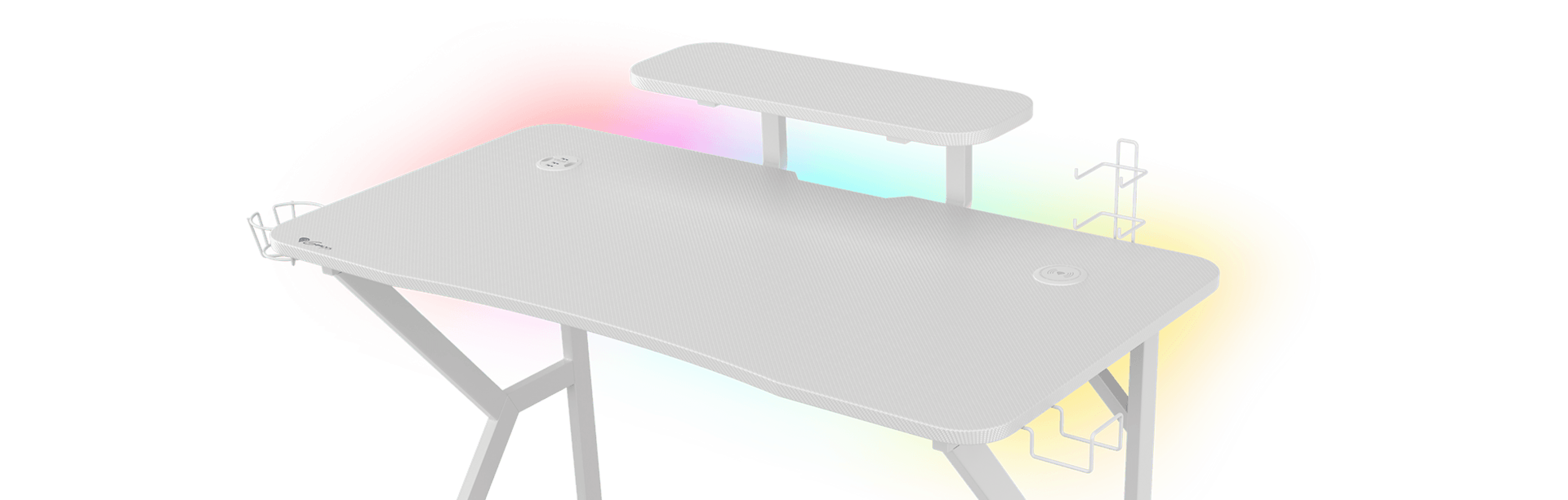 White Genesis Holm 320 RGB gaming desk with a sleek design and additional upper shelf for improved workspace organization