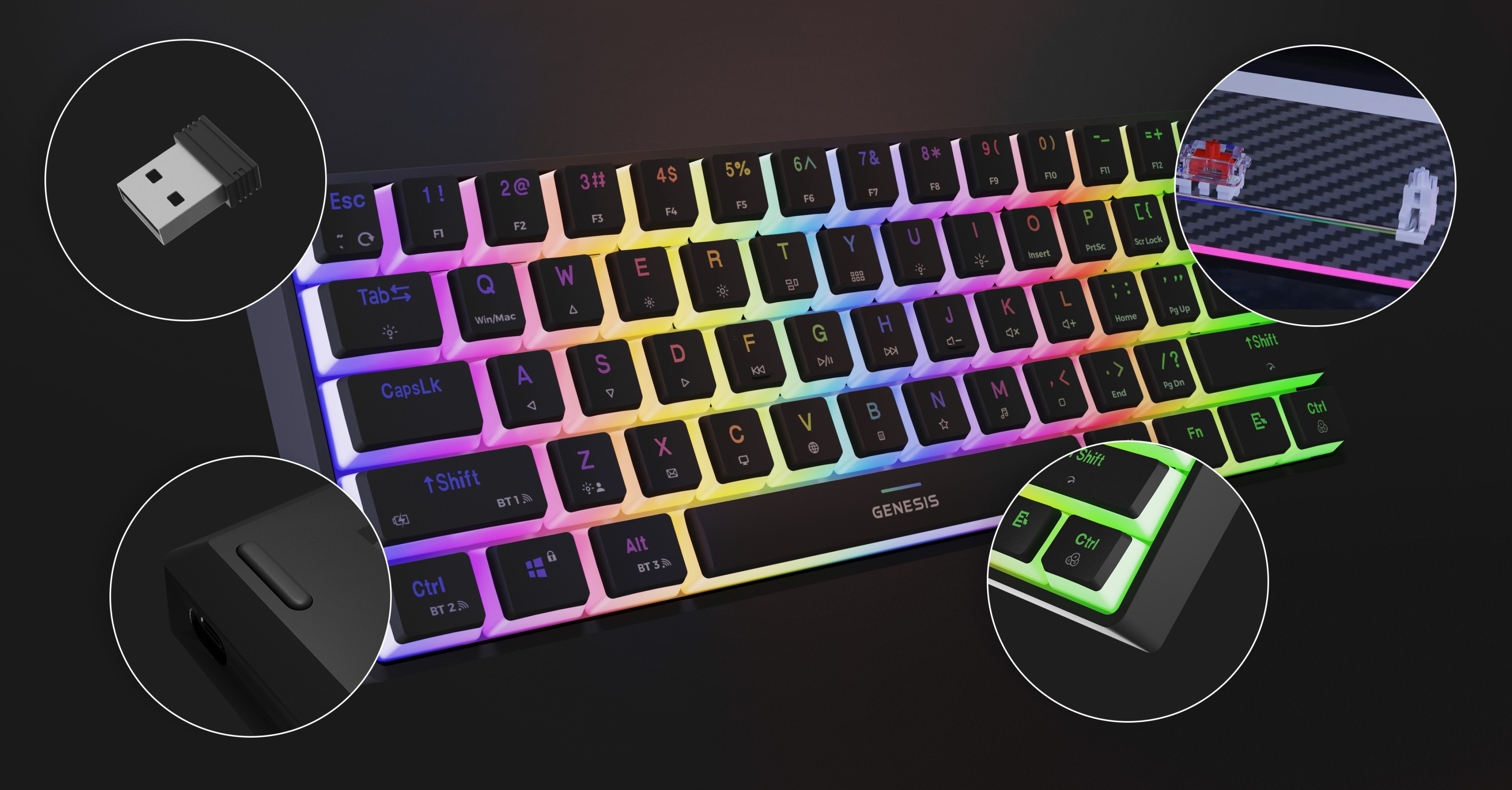 Wireless RGB mechanical keyboard with Gateron Red switches, featuring customizable lighting and USB receiver