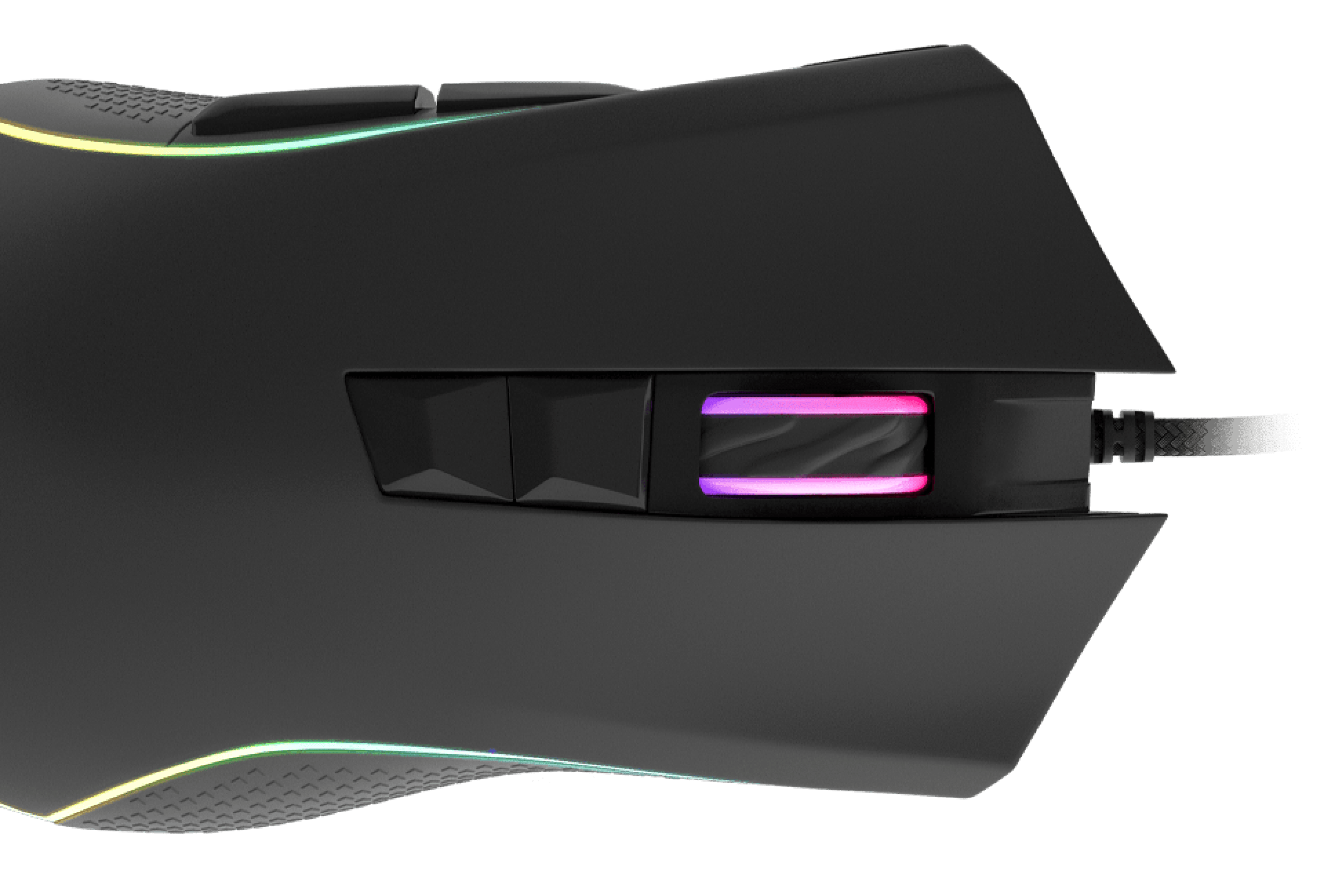 Gaming mouse featuring customizable buttons and a glowing light along the side.