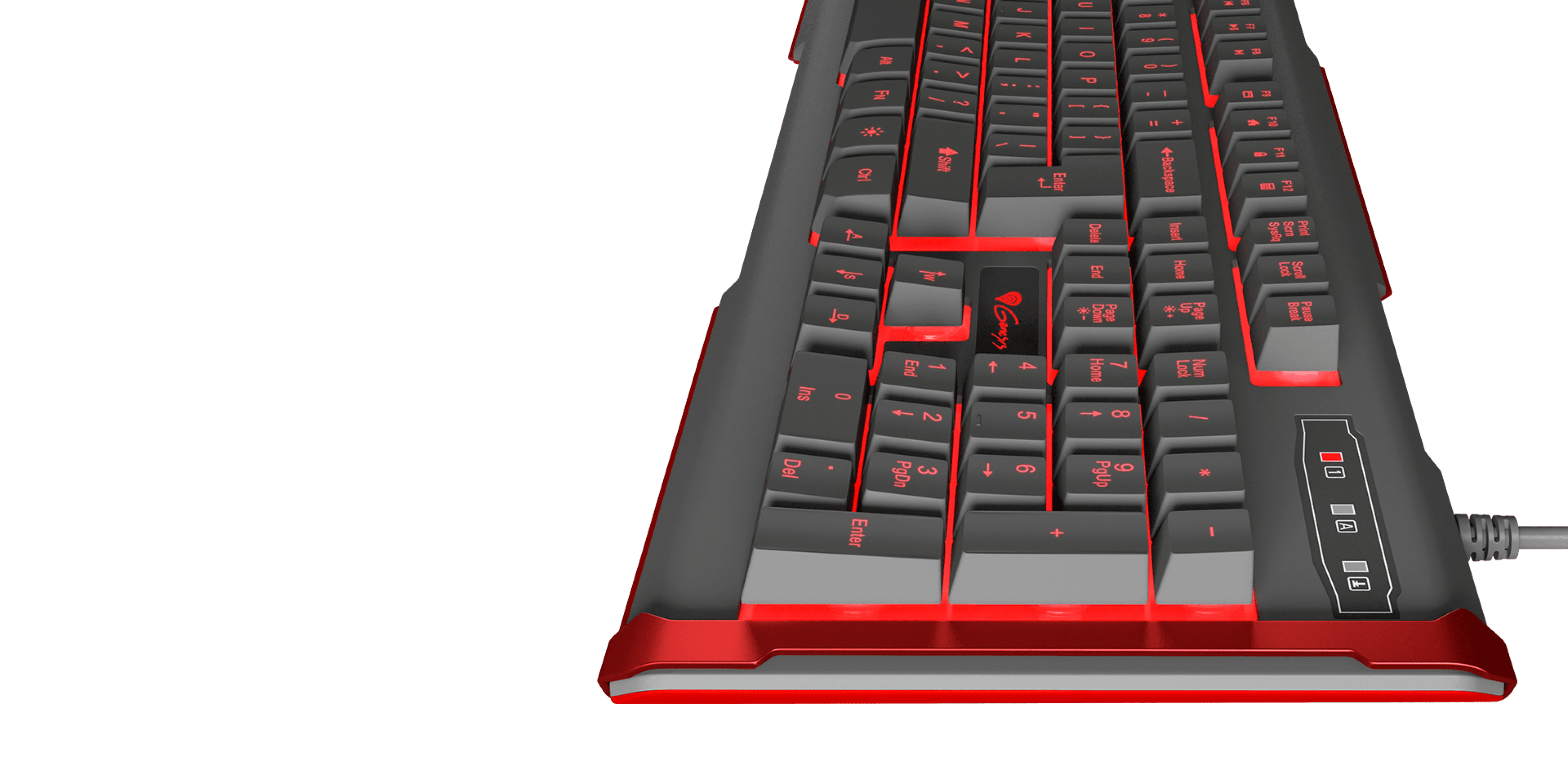 Keyboard with black keys, red accents, and a connection cable on the right side.