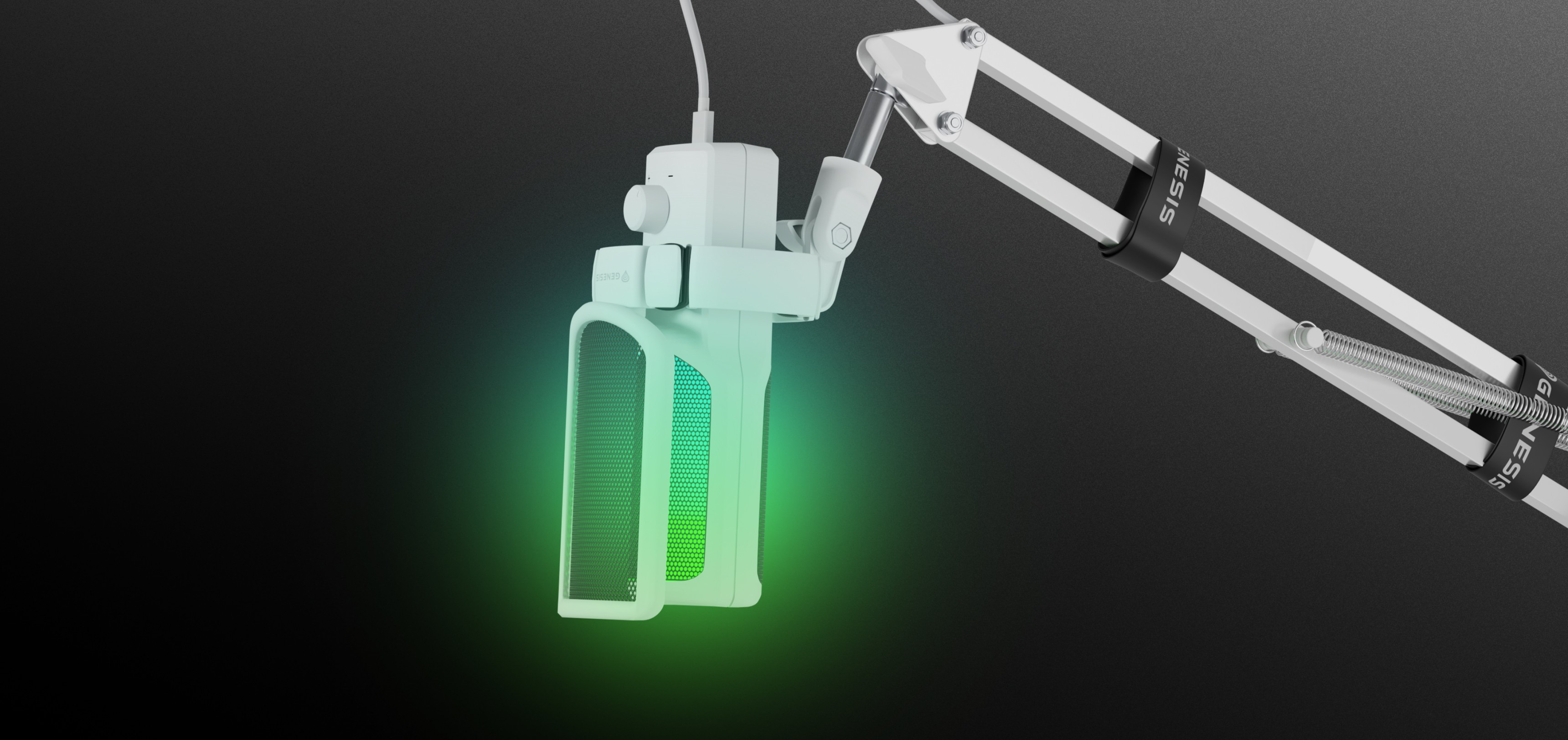 White USB microphone mounted on an adjustable arm, featuring green LED lighting on the microphone body