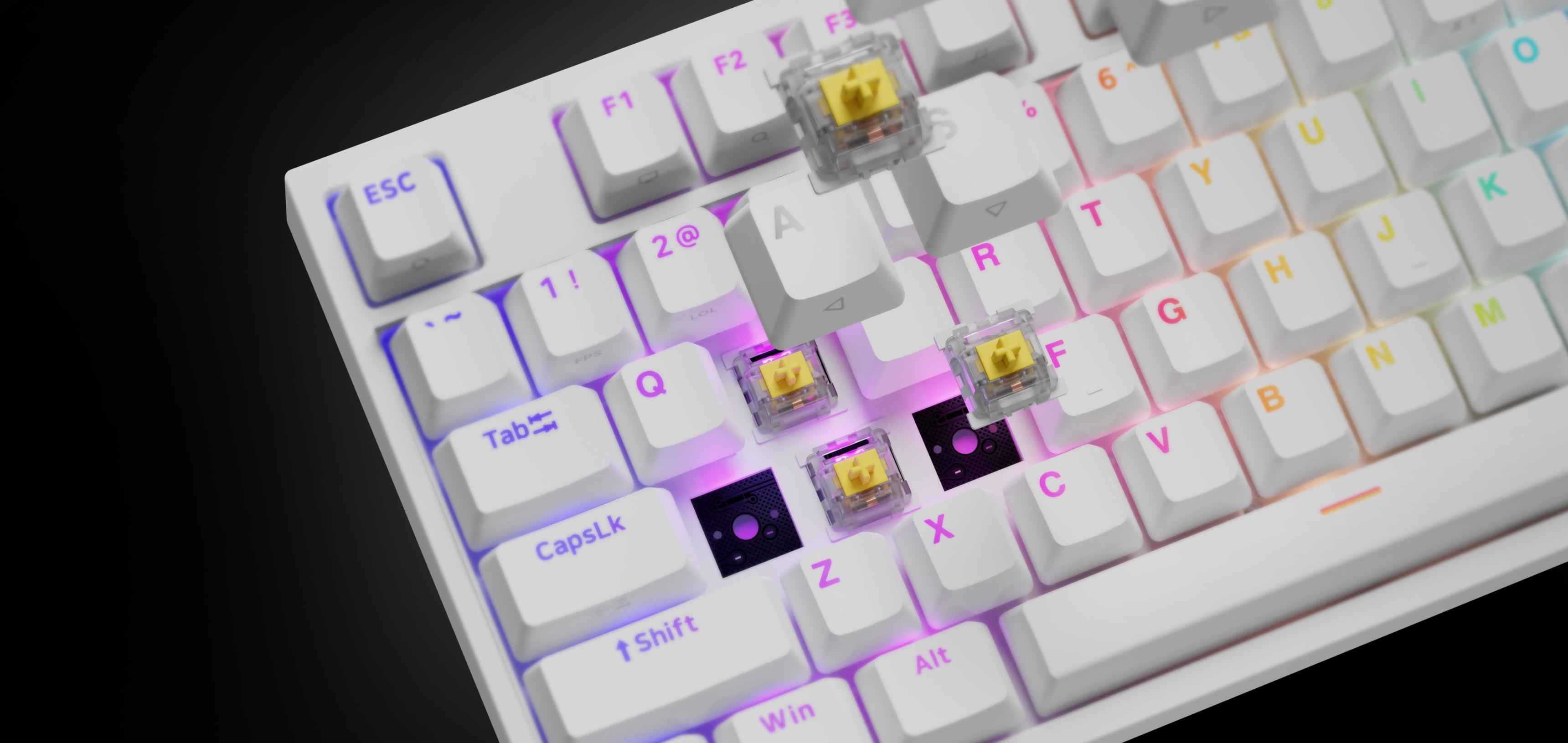 Mechanical gaming keyboard with RGB backlighting and Gateron Yellow Pro switches, featuring a white layout and illuminated keys