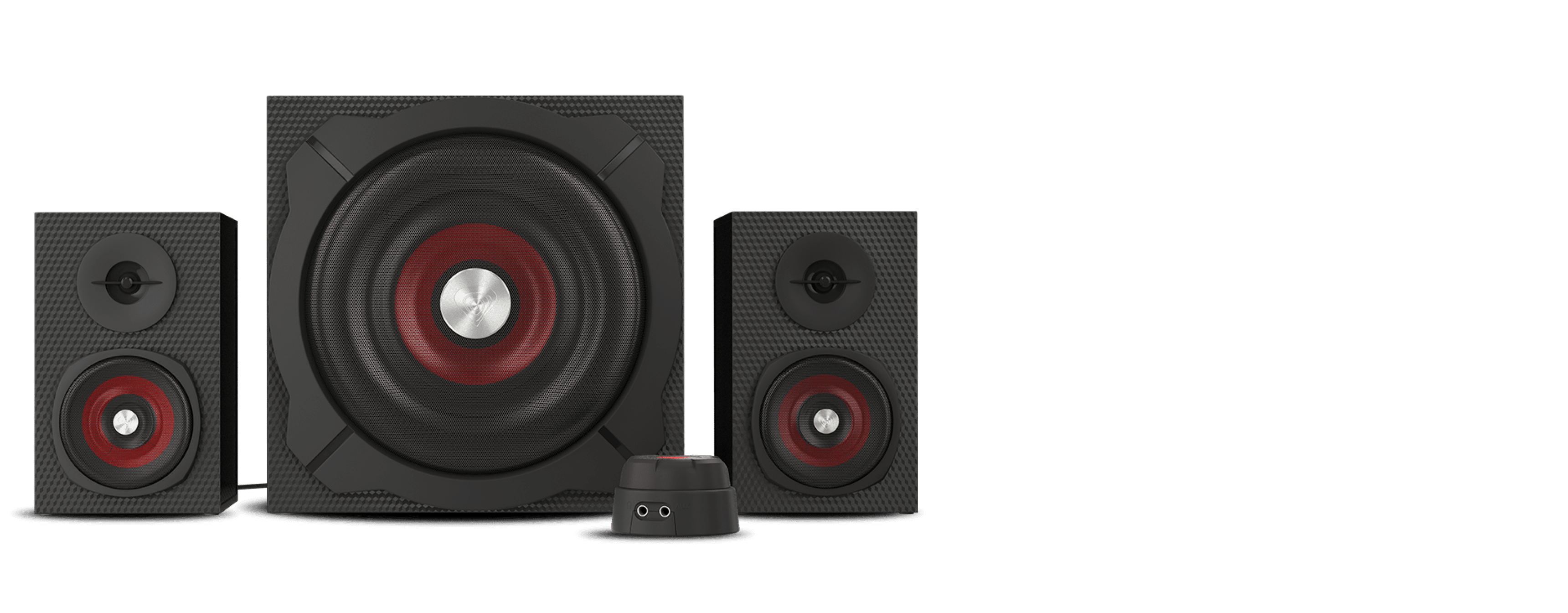 Black speaker system with a large central subwoofer and two smaller speakers on each side.