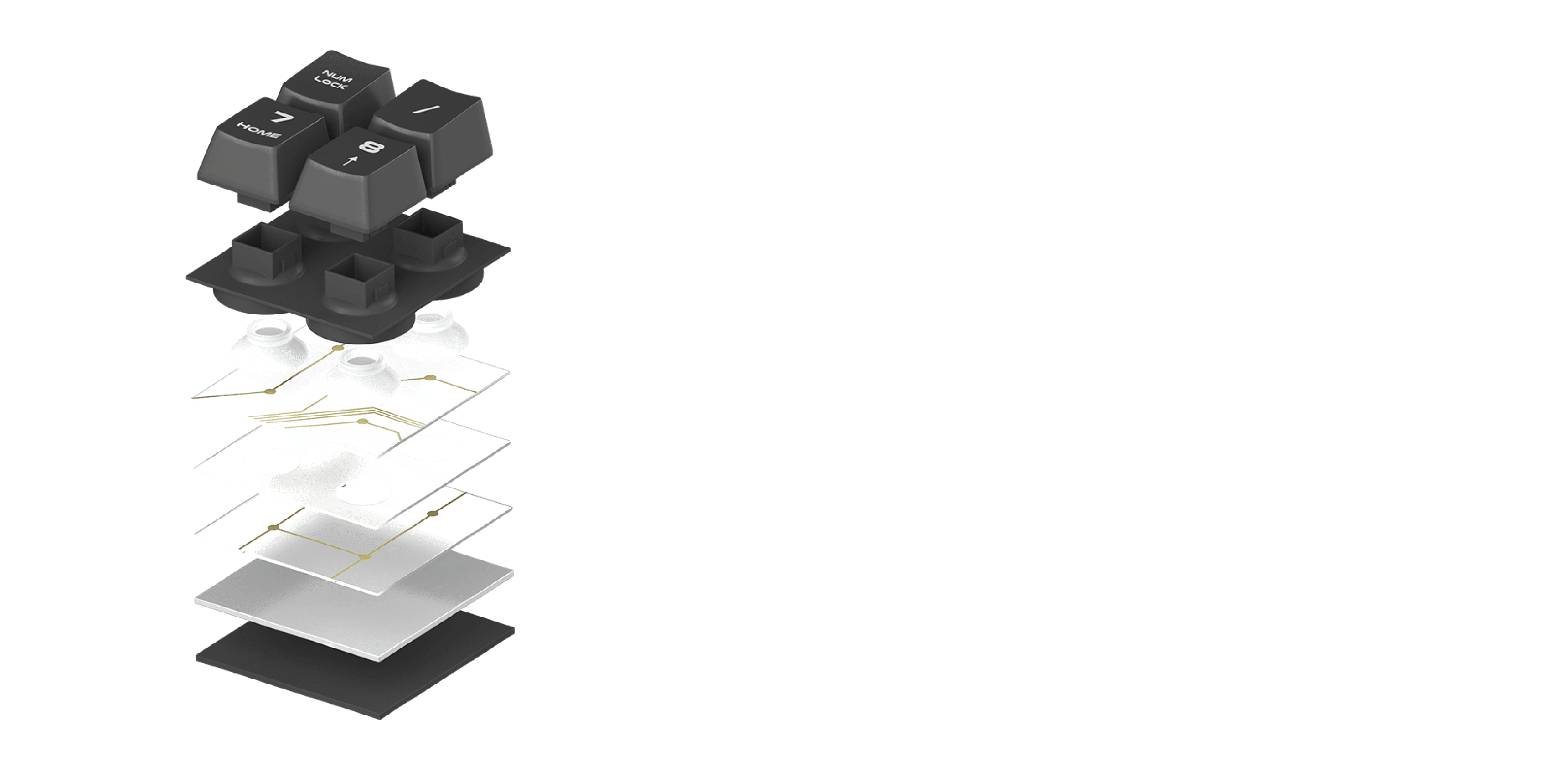 Exploded view of keyboard switches with multiple layers and keycaps on top.