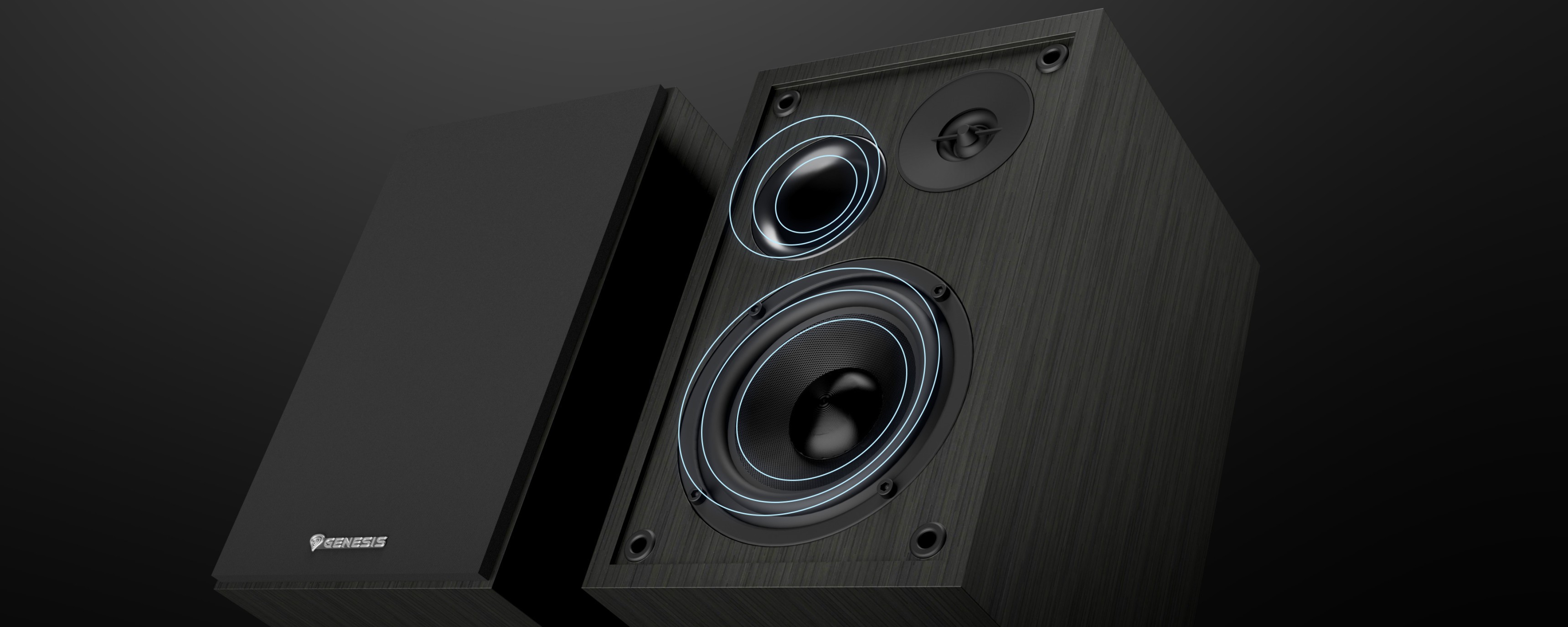 Black Genesis Arsen 302BT 2.0 speakers with dual drivers and sleek design, perfect for audio enjoyment