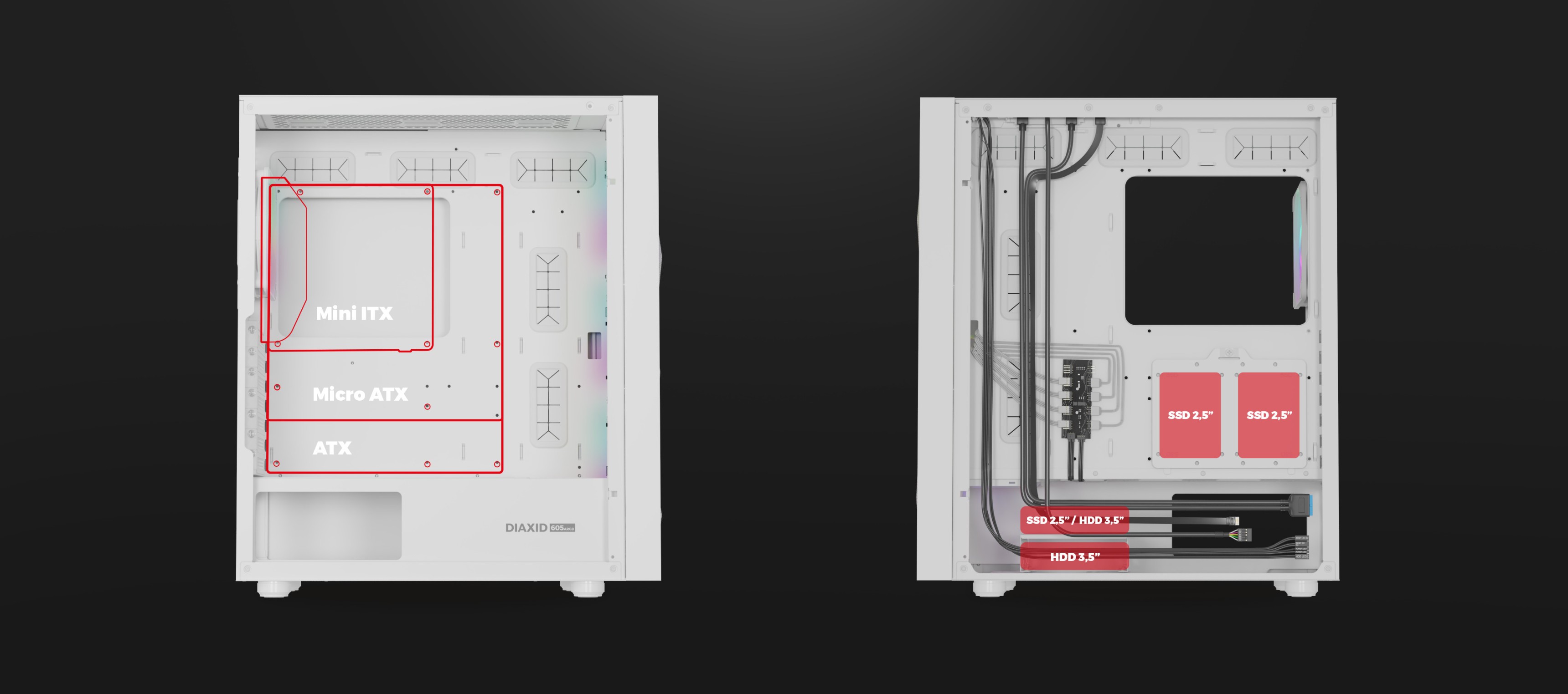 Black midi tower computer case with a window and labeled mounting areas for motherboards