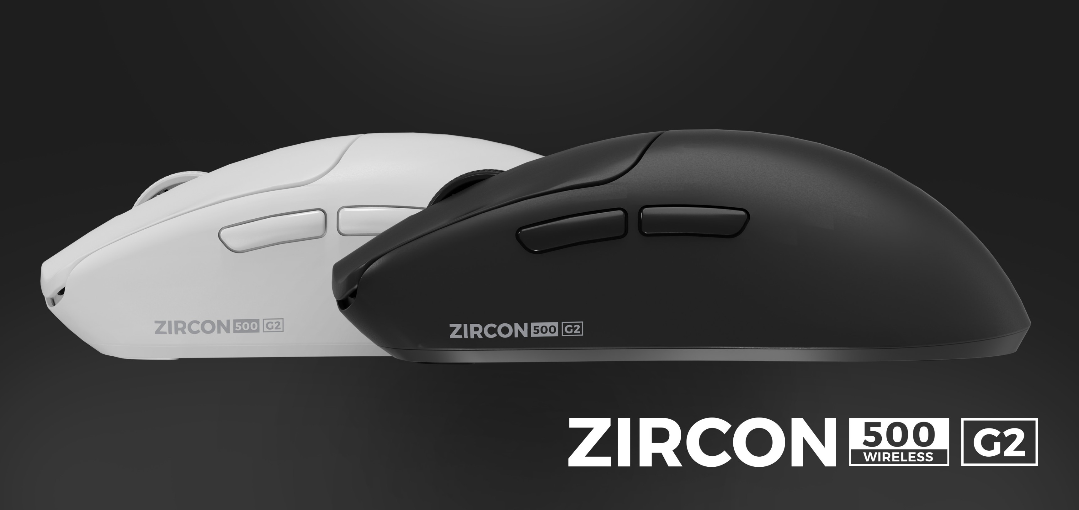 Two computer mice in white and black colors with additional buttons on the side.