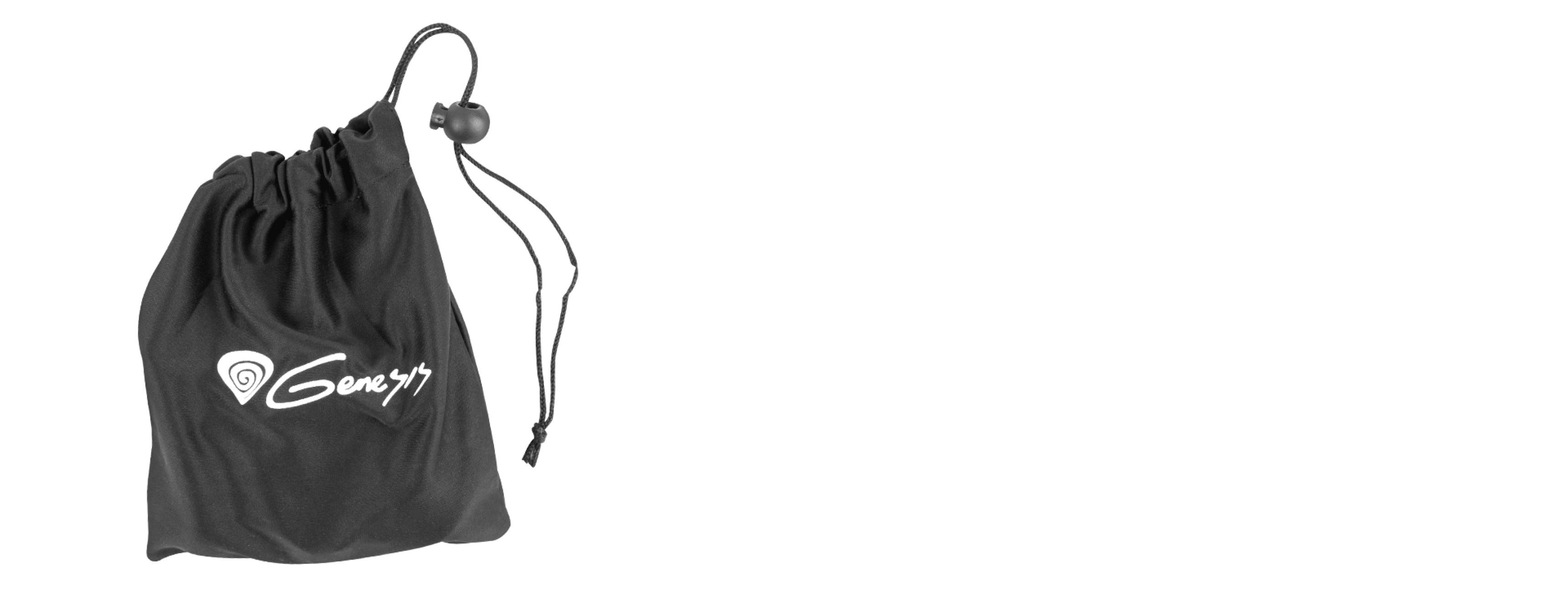 Black drawstring bag with a gathered top and a logo on the front side.