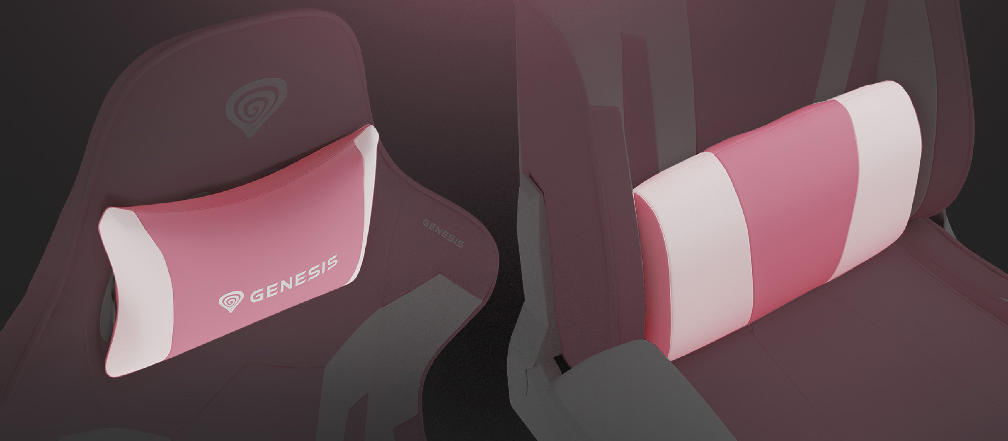 Gaming chair cushion in pink and white, featuring a logo on one side and a striped design on the other