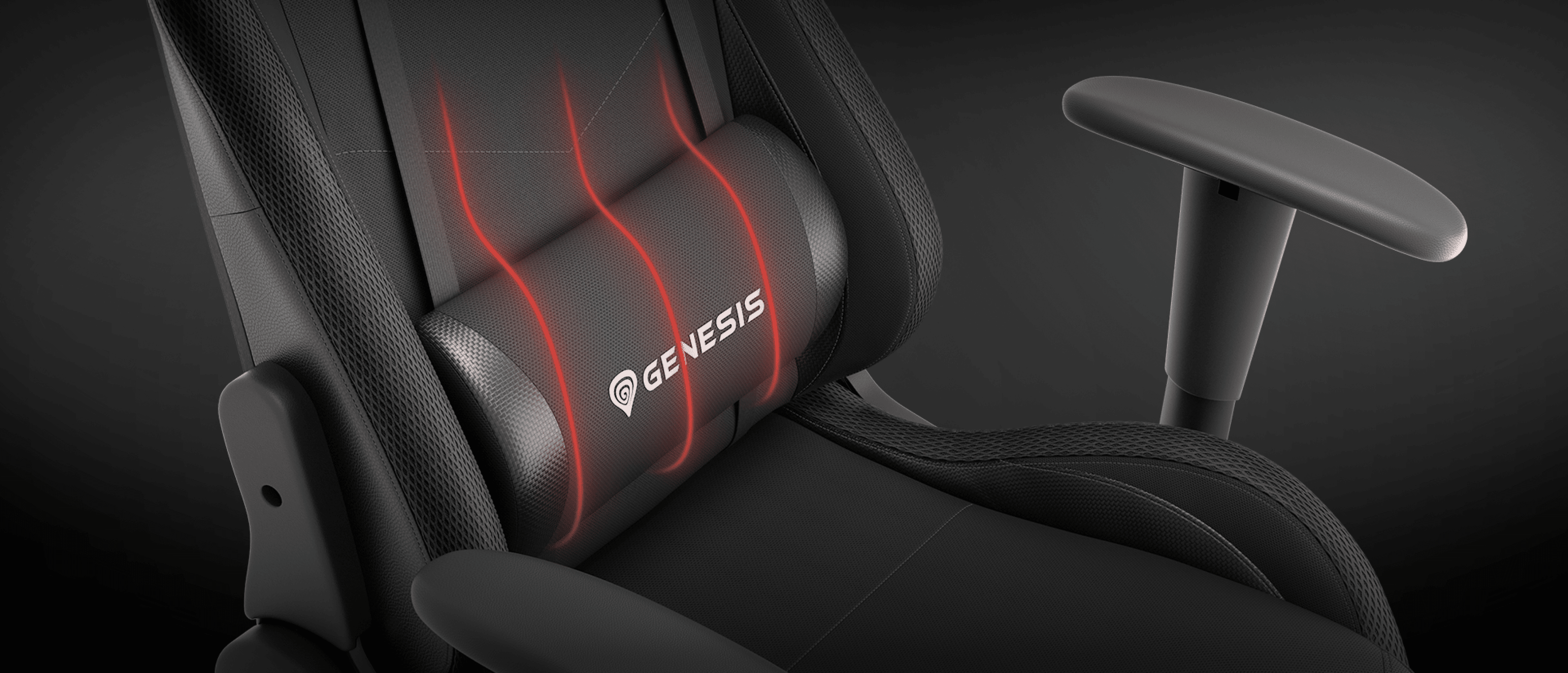 Black gaming chair Genesis Trit 500 with RGB backlighting and a padded lumbar support featuring the Genesis logo