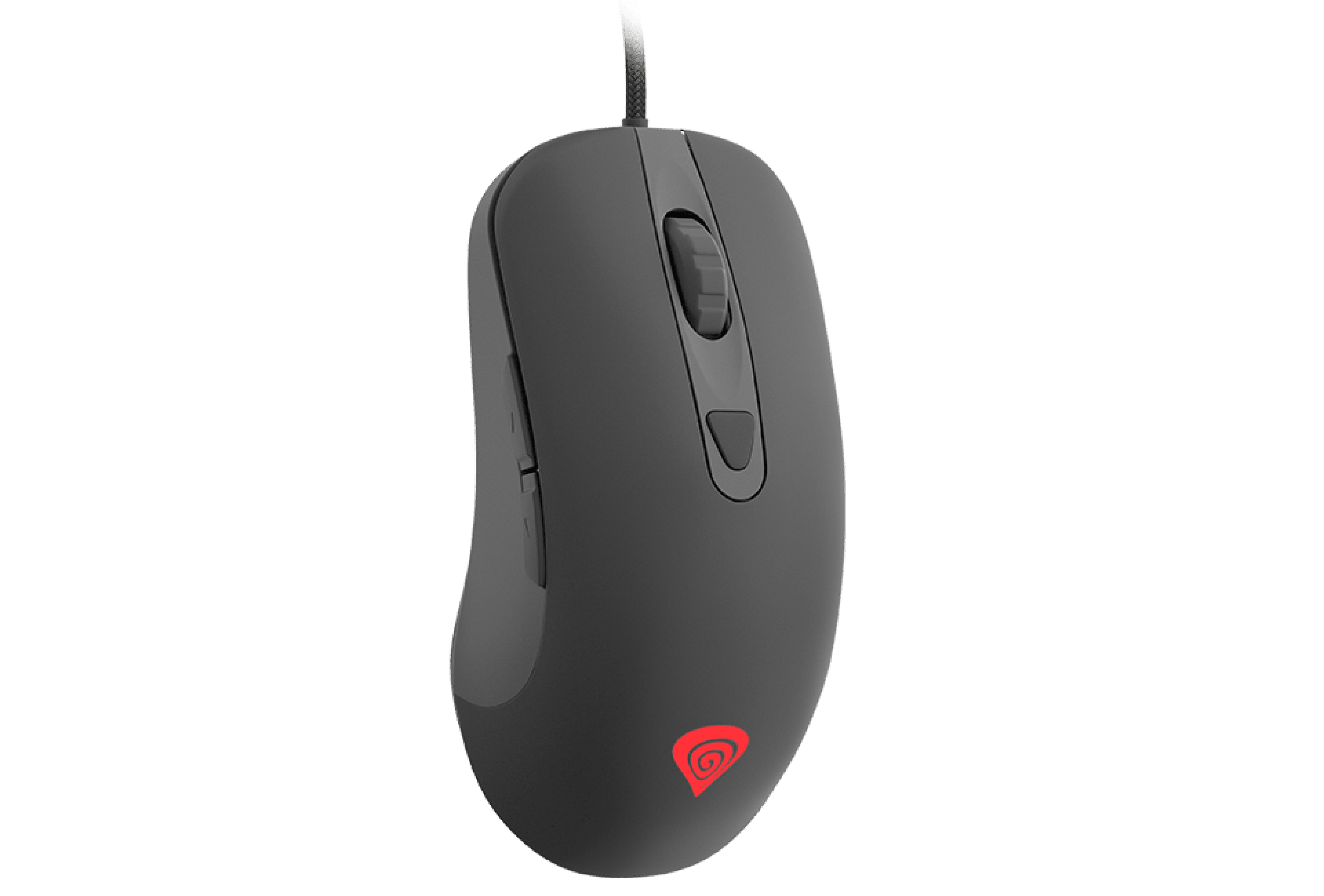 Black computer mouse with a scroll wheel and a logo on the bottom.